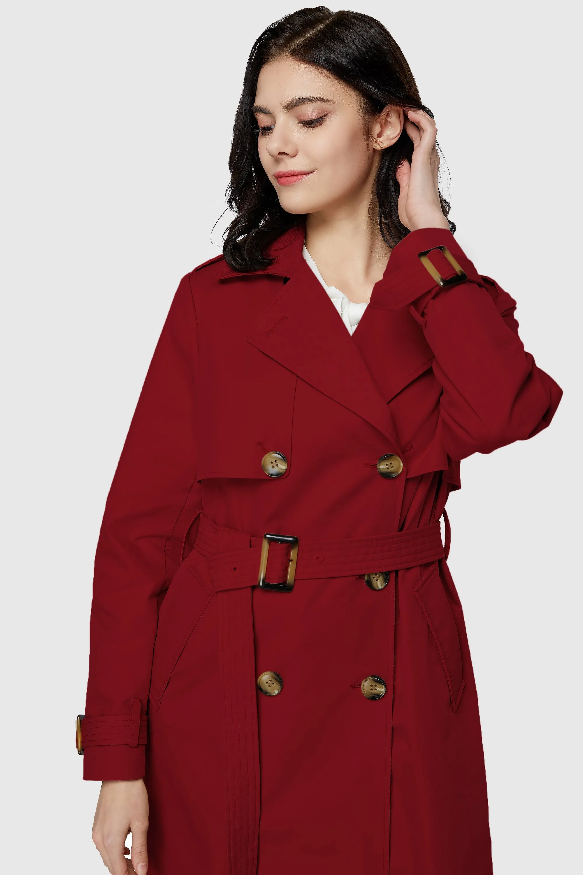 3/4 Length Belted Double-Breasted Trench Coat