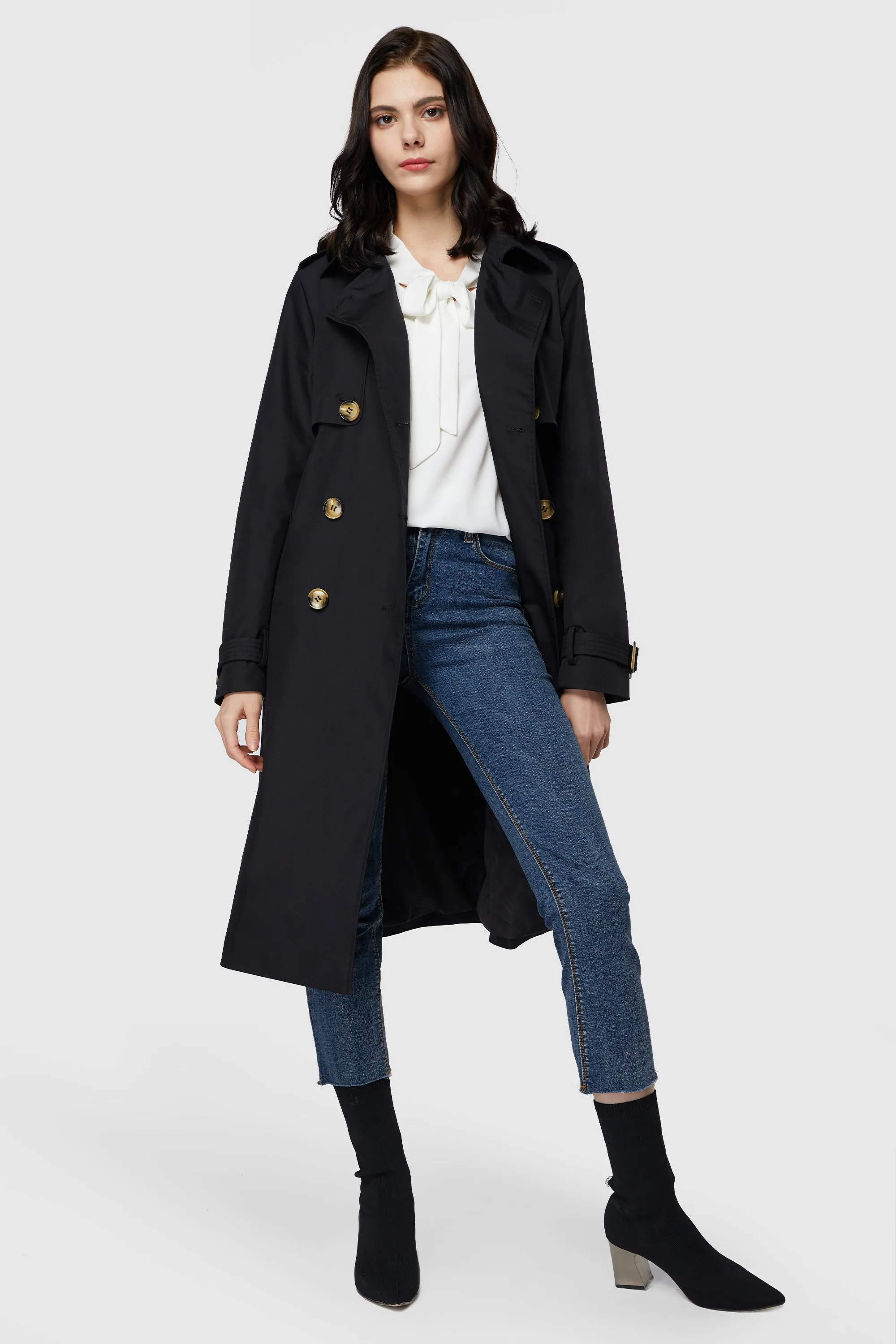 3/4 Length Belted Double-Breasted Trench Coat