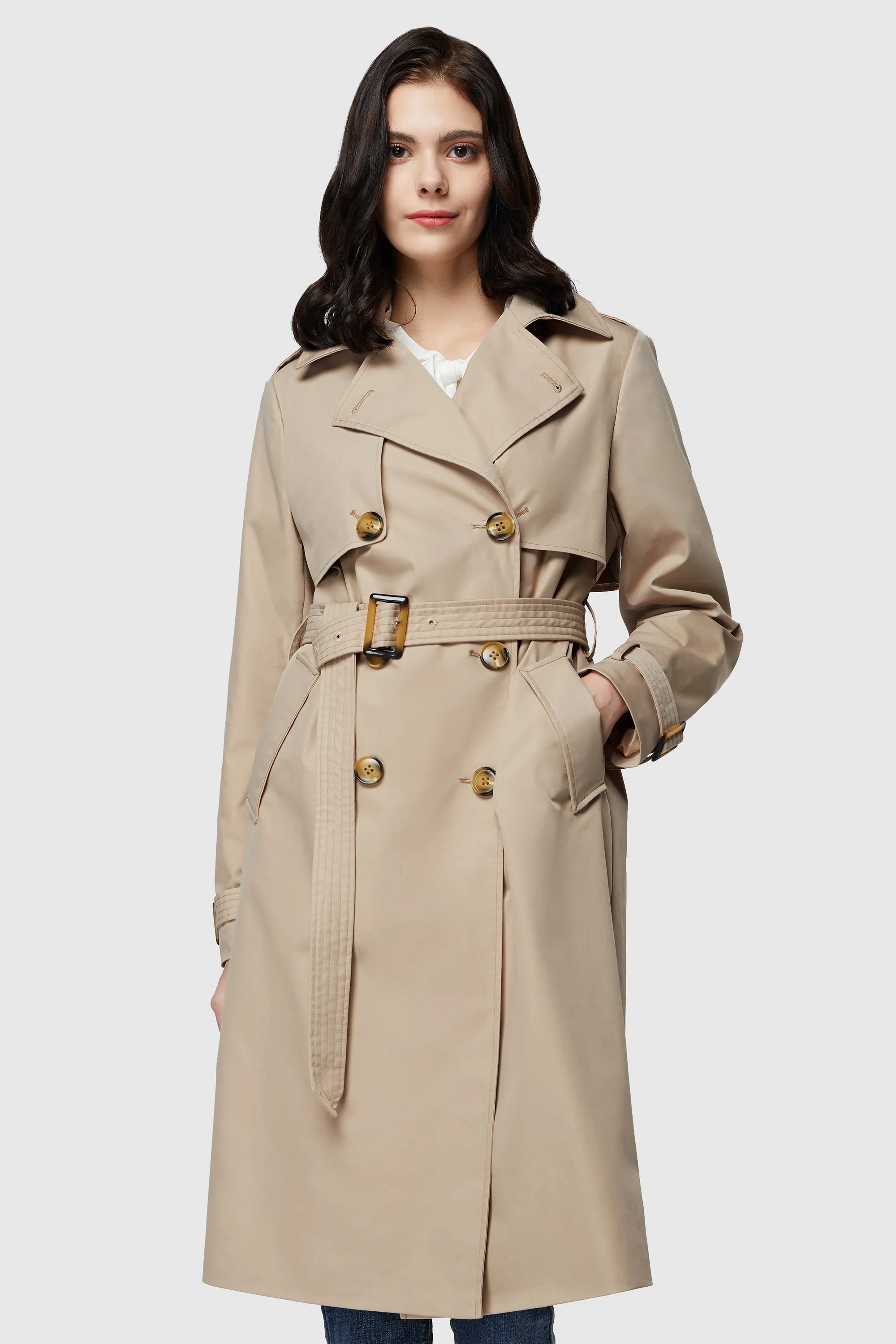 3/4 Length Belted Double-Breasted Trench Coat