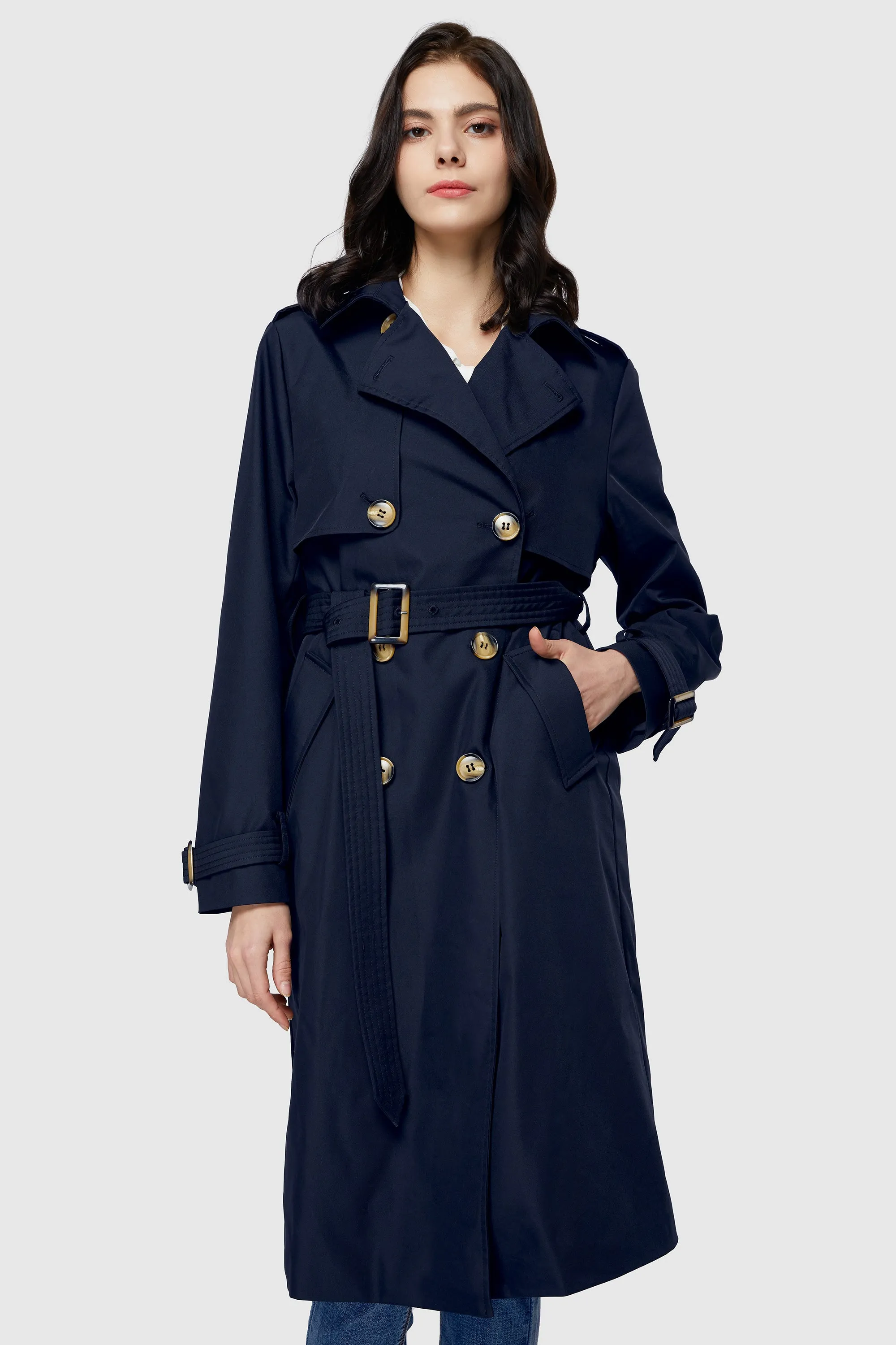 3/4 Length Belted Double-Breasted Trench Coat