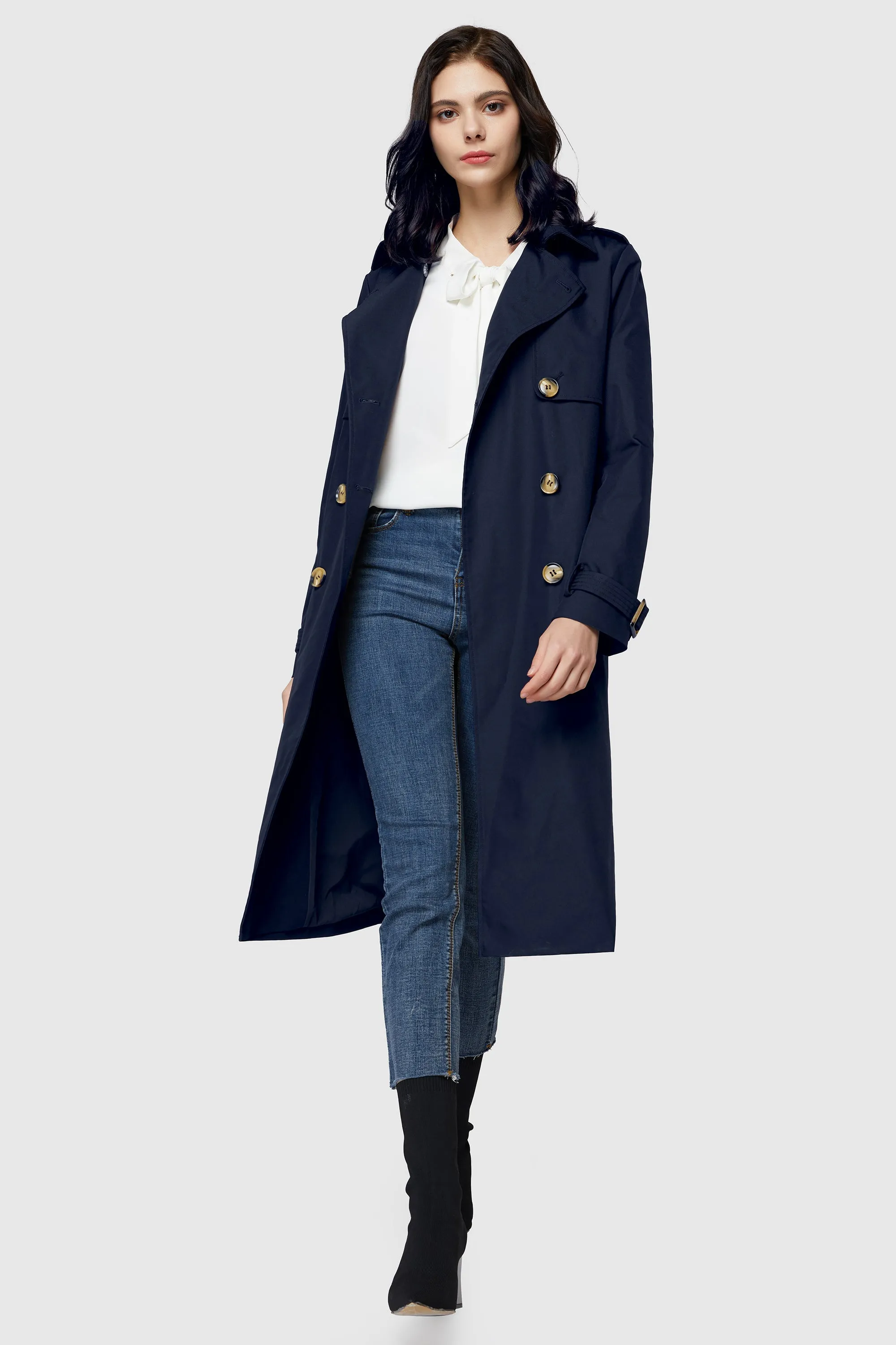 3/4 Length Belted Double-Breasted Trench Coat