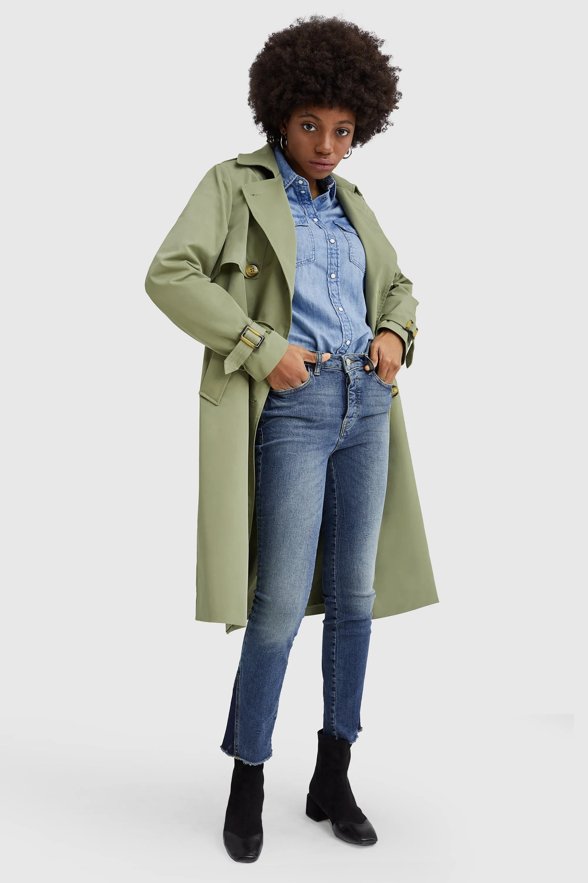 3/4 Length Belted Double-Breasted Trench Coat