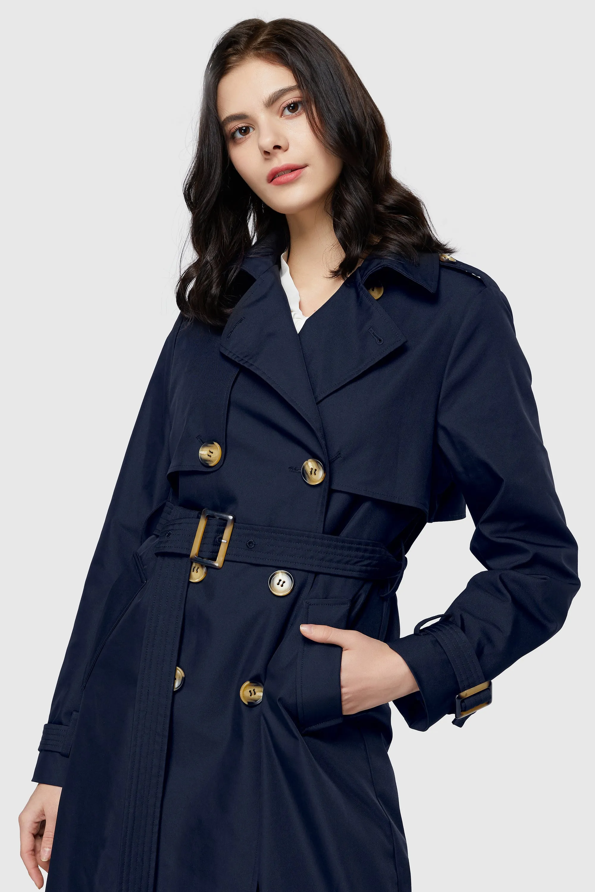 3/4 Length Belted Double-Breasted Trench Coat