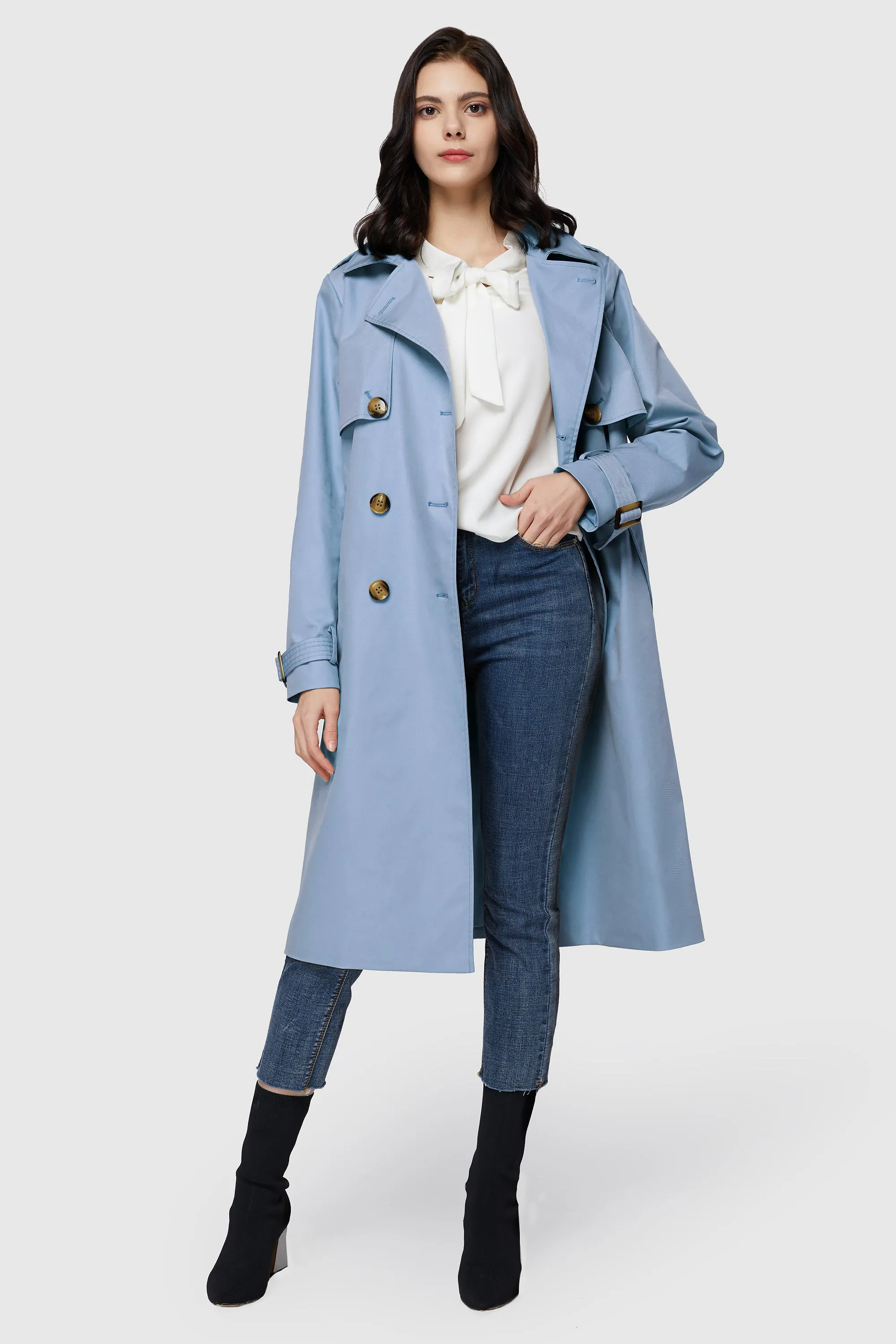 3/4 Length Belted Double-Breasted Trench Coat