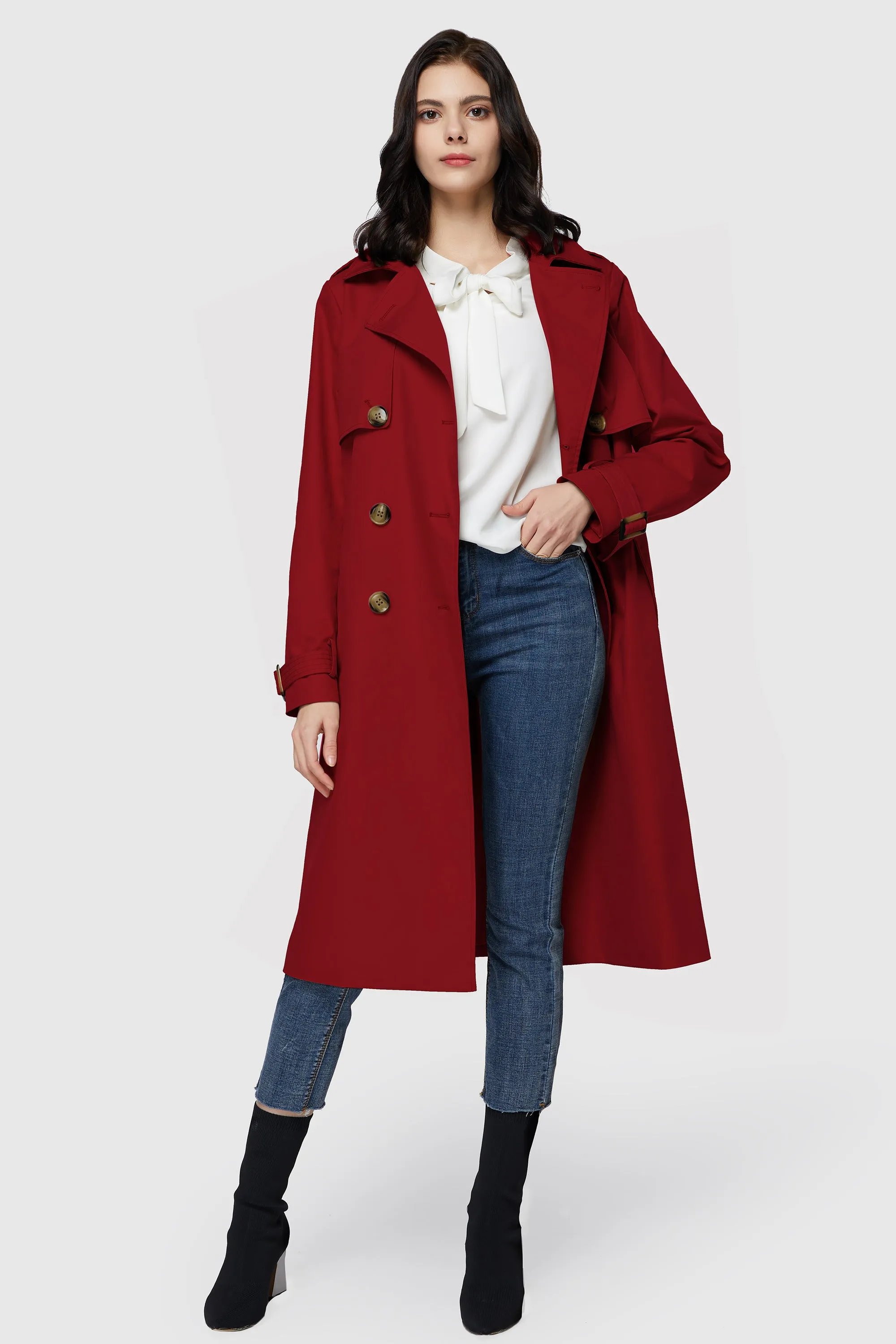 3/4 Length Belted Double-Breasted Trench Coat