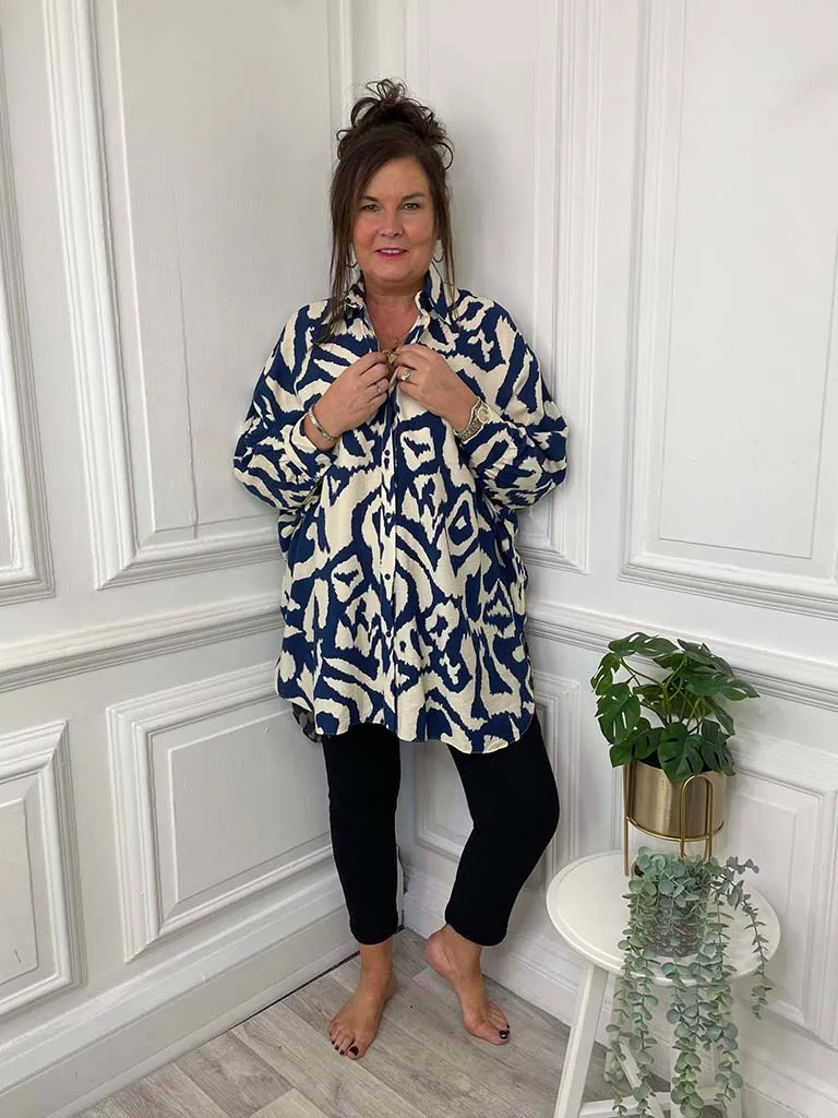 Abstract Print Shirt Tunic - Navy