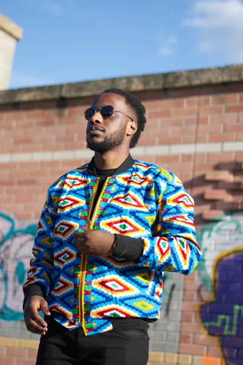 African Bomber Jacket In Blue Kente Print