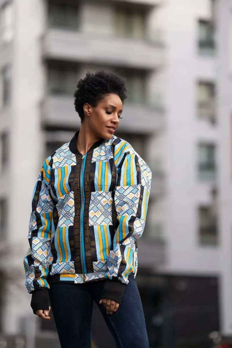 African Bomber Jacket In Blue Kente