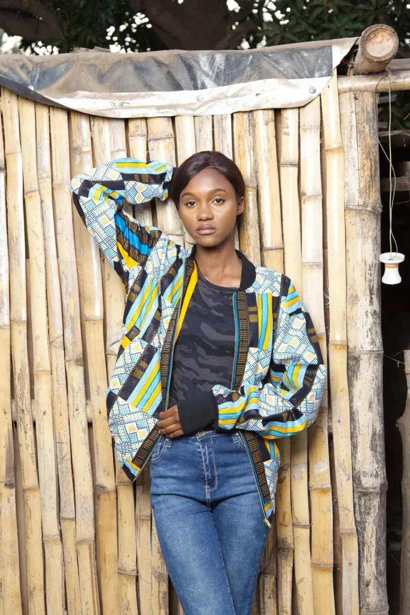 African Bomber Jacket In Blue Kente