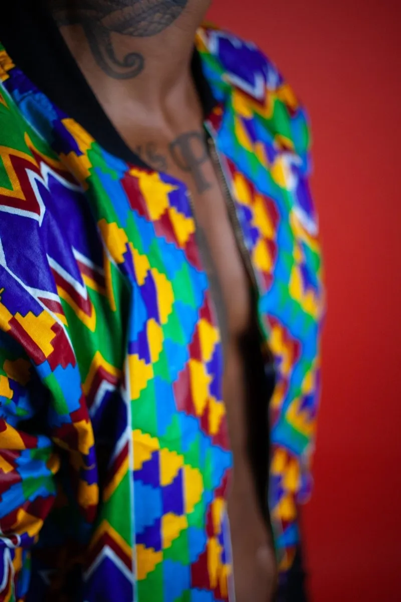 African Bomber Jacket In Electric Blue Kente Print