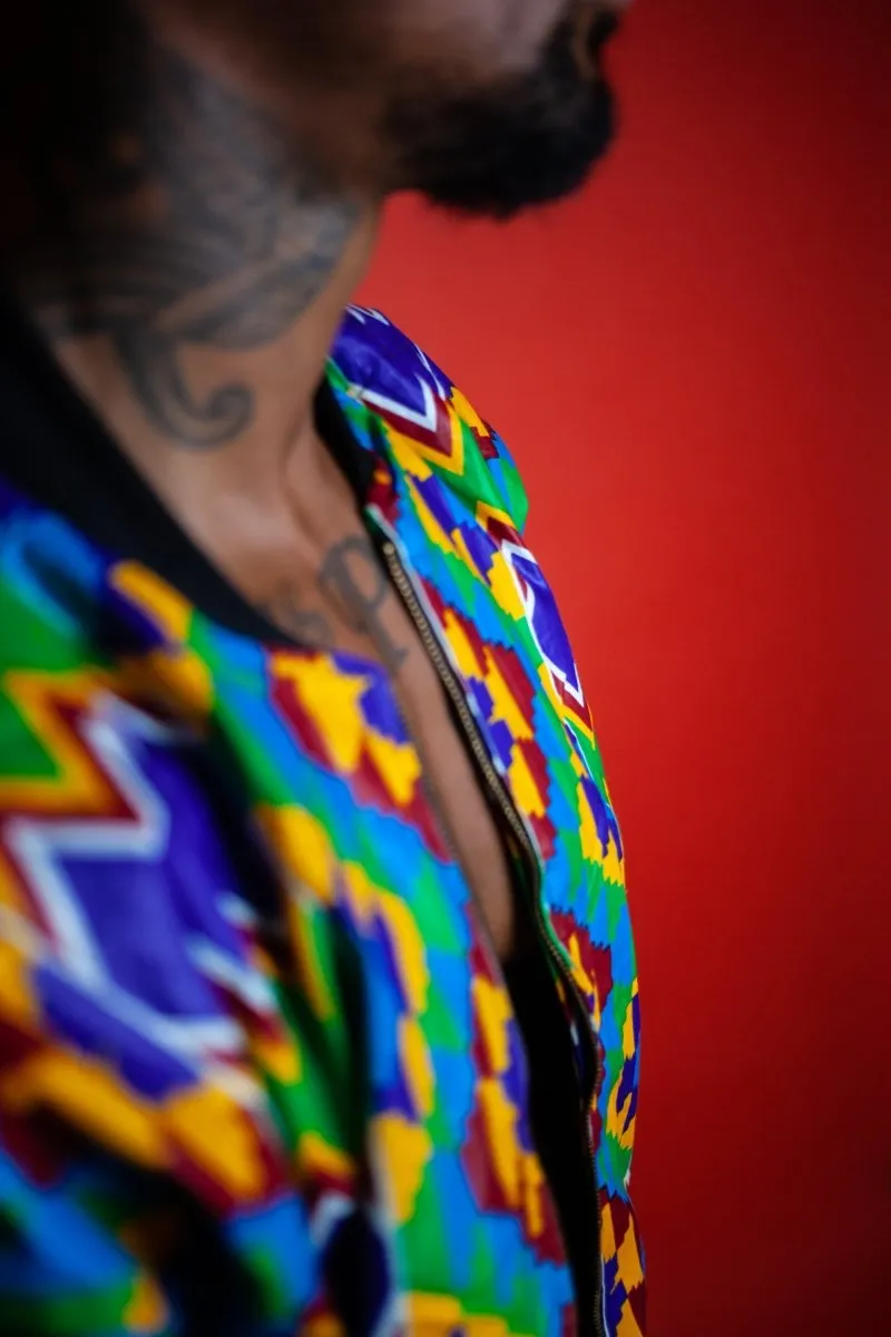 African Bomber Jacket In Electric Blue Kente Print