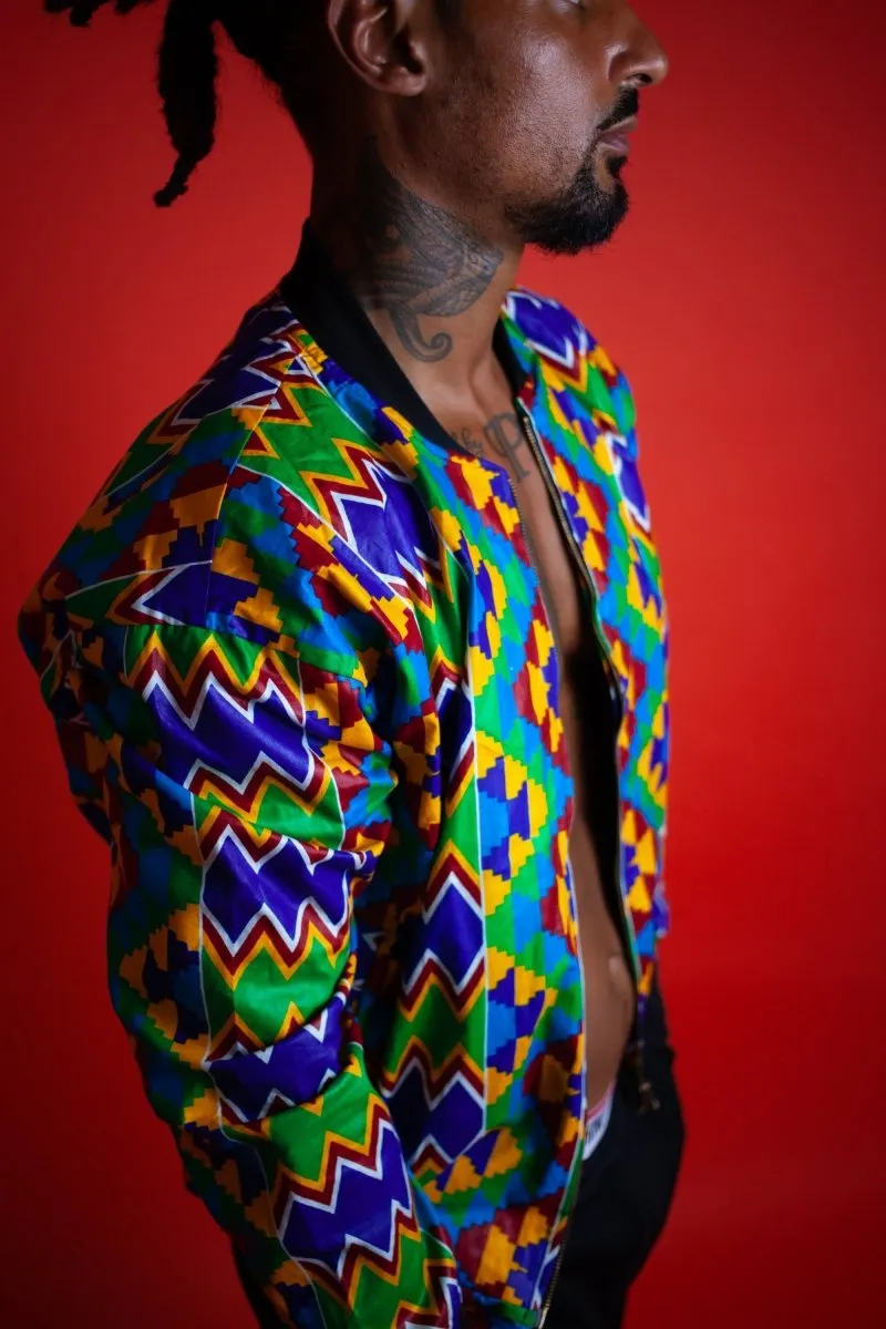 African Bomber Jacket In Electric Blue Kente Print