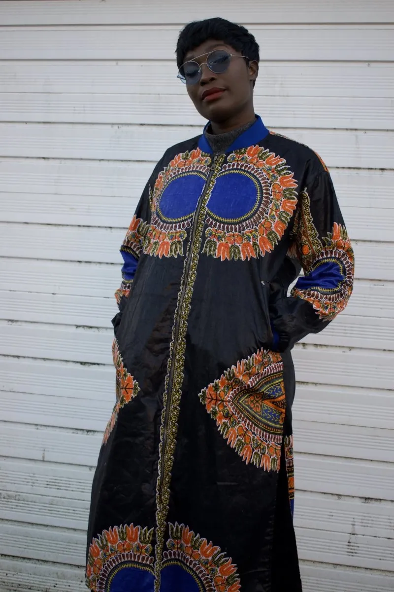 African Trench Coat in Black Dashiki Print