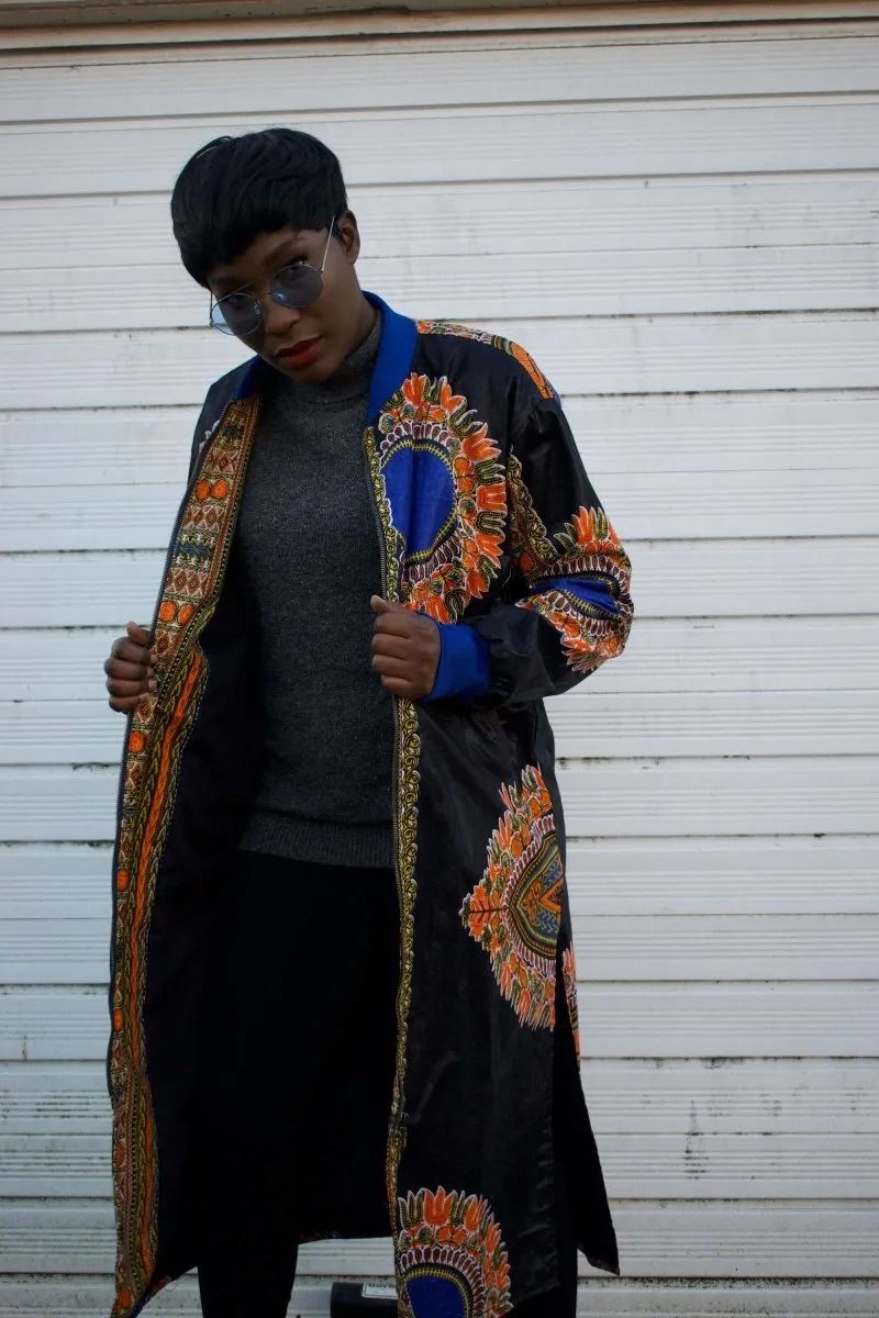 African Trench Coat in Black Dashiki Print