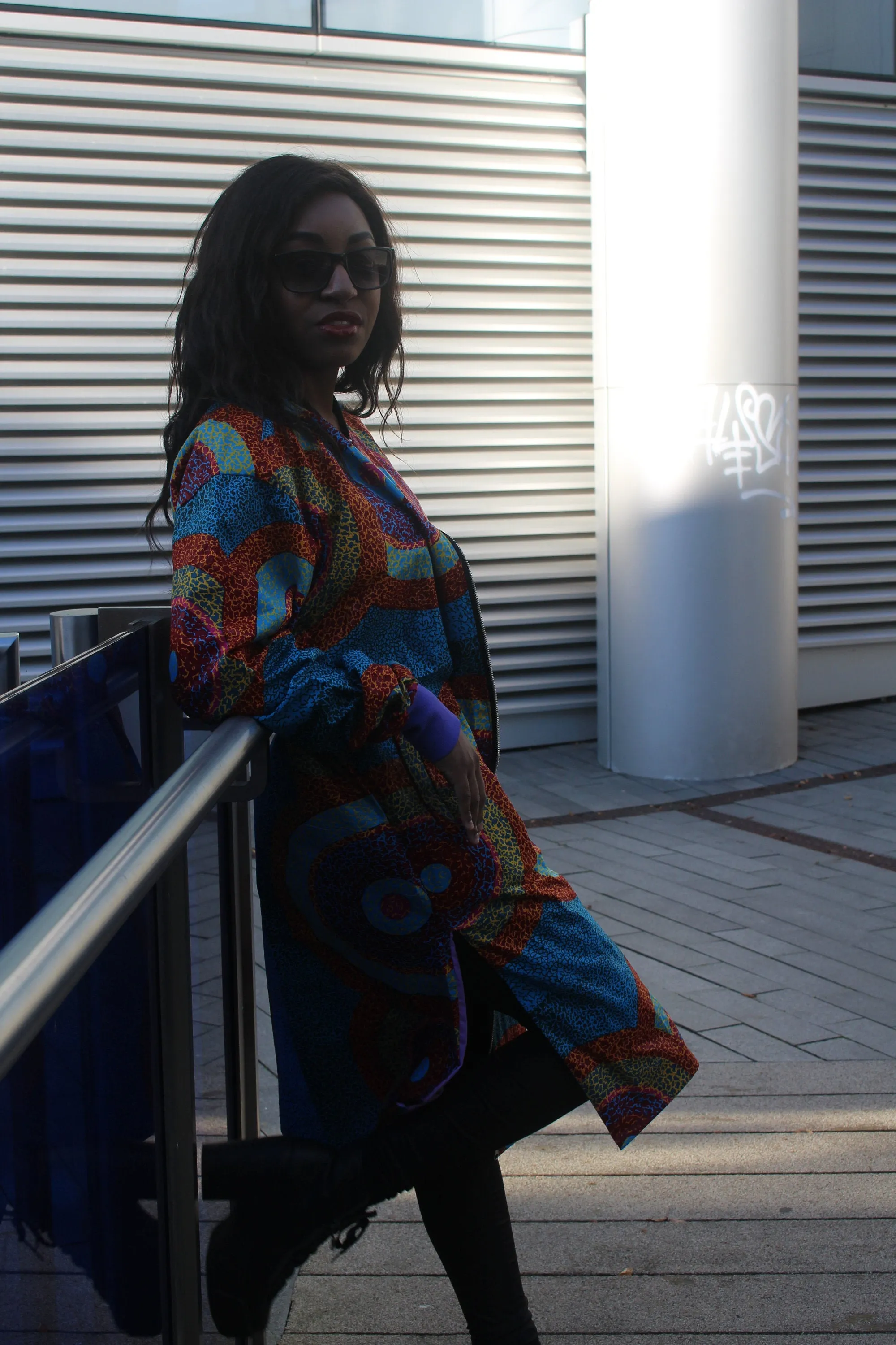 African Trench Coat in Blue Ankara Print - Festival Coat