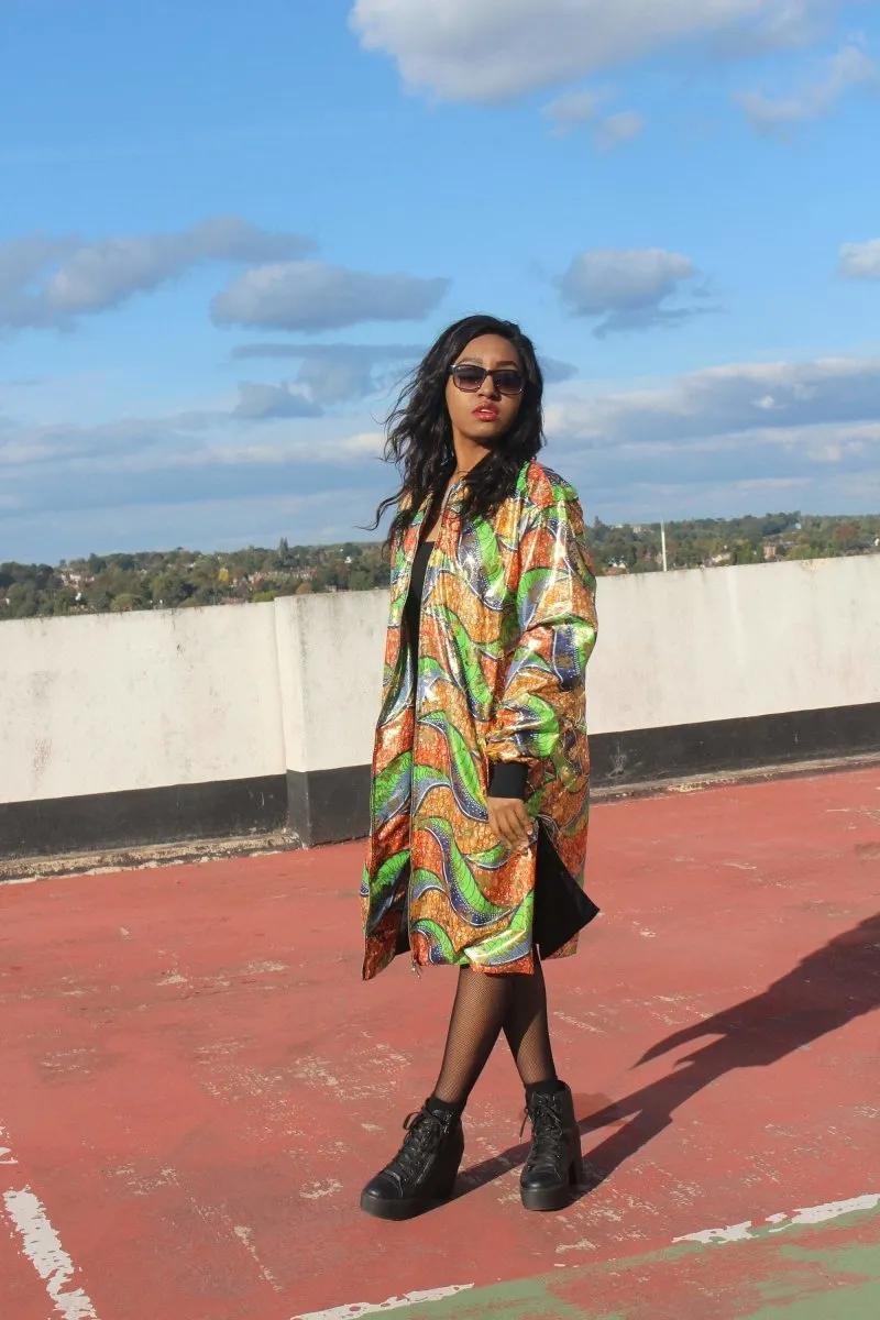 African Trench Coat in Gold Green Ankara Print