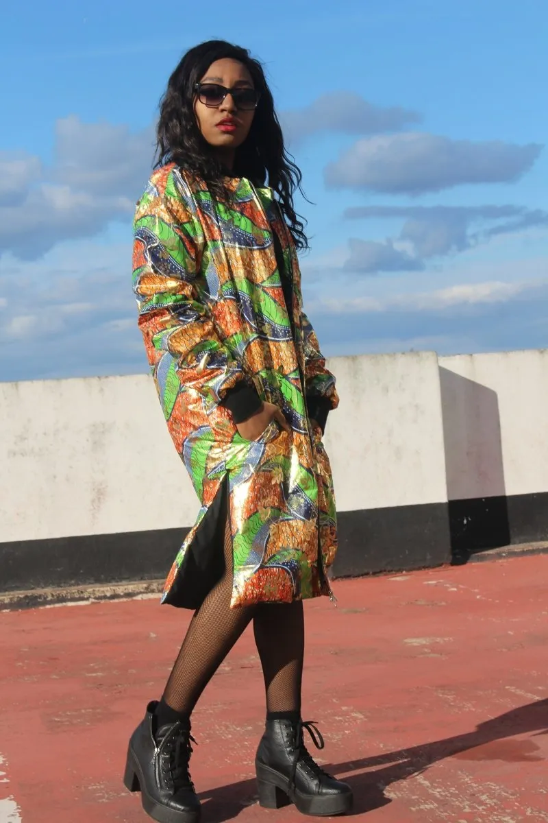 African Trench Coat in Gold Green Ankara Print