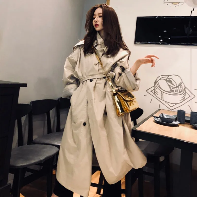 Autumn Khaki Long Windbreaker Fashion Trend Double-Breasted Loose Long Trench Coat