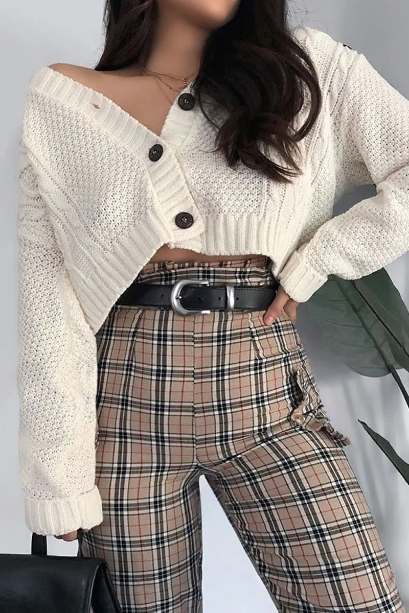 Beige Check Frill Detail Trousers - Bristal