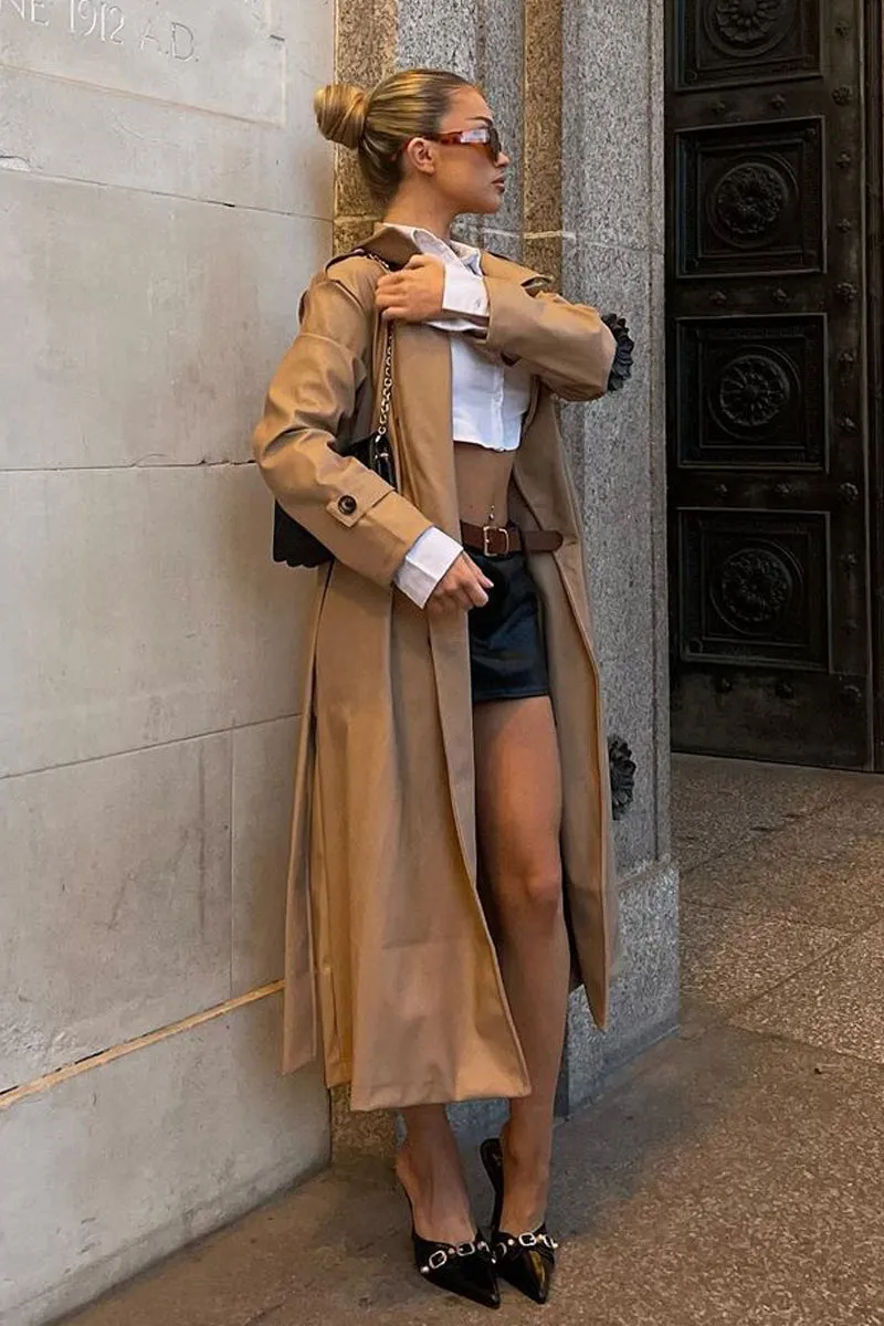 Beige Faux Leather Oversized Double Breasted Trench Coat- Xia