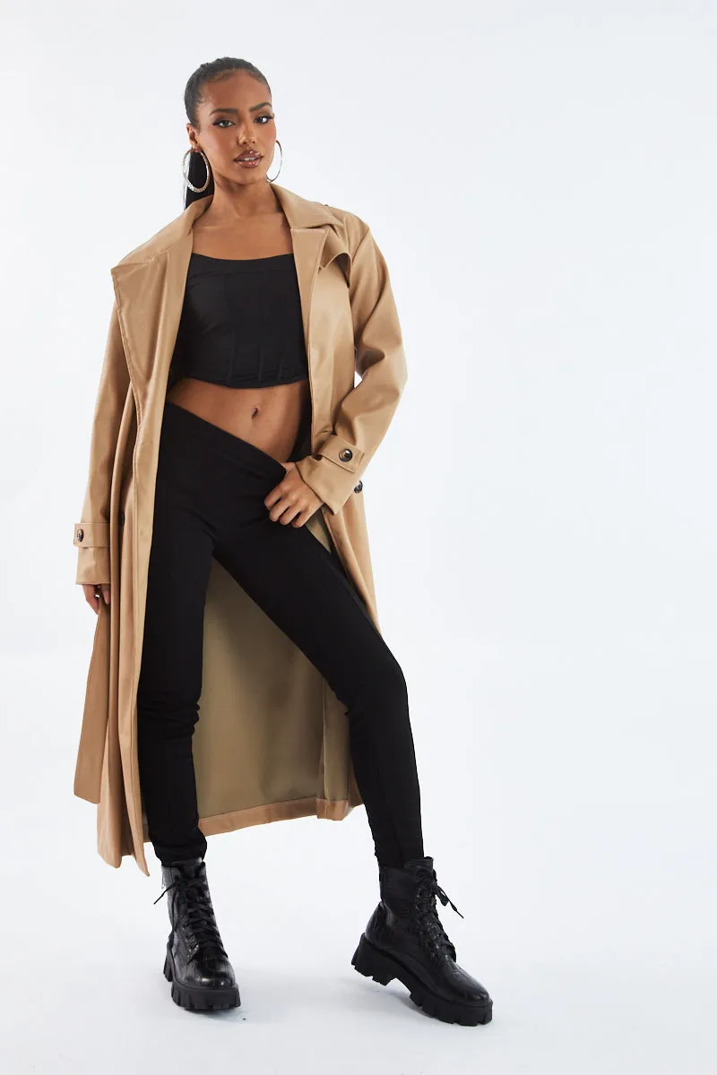 Beige Faux Leather Oversized Double Breasted Trench Coat- Xia