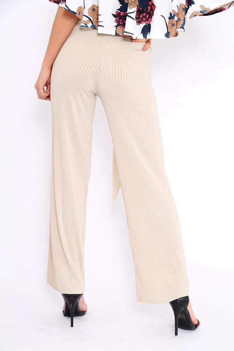 Beige Wide Legged Pleated Trousers - Chantel