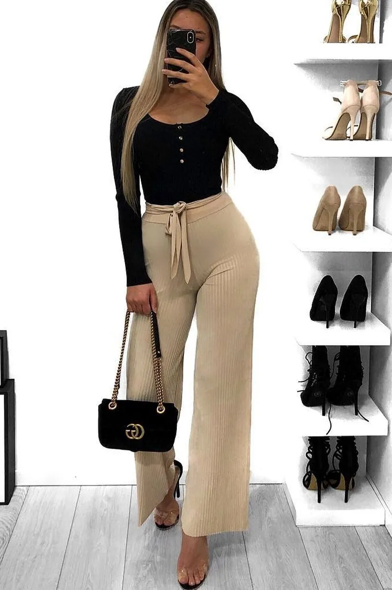 Beige Wide Legged Pleated Trousers - Chantel