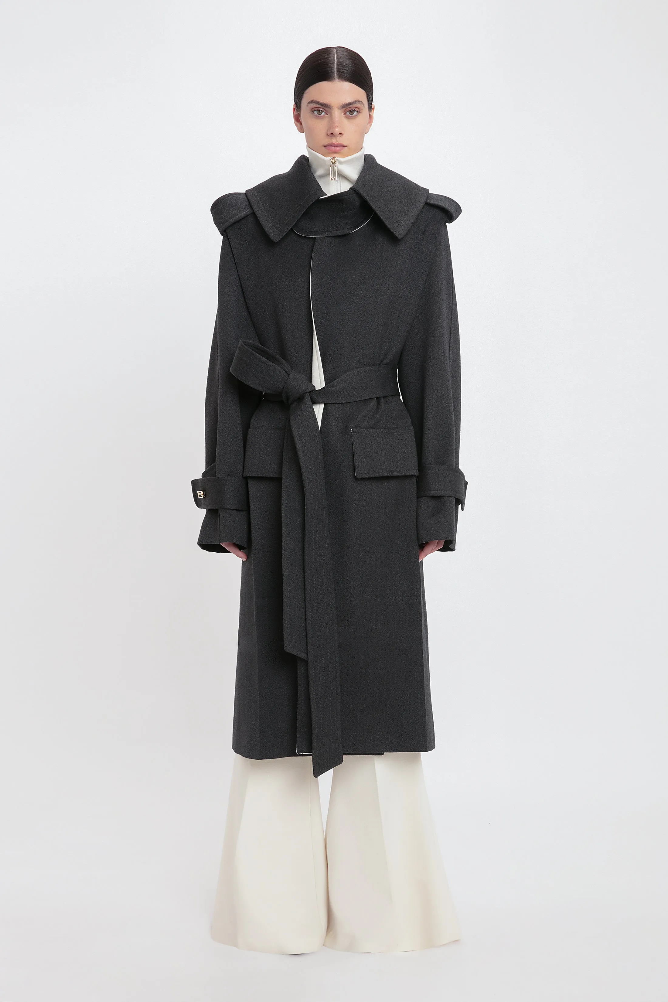 Belted Wool Trench Coat In Charcoal