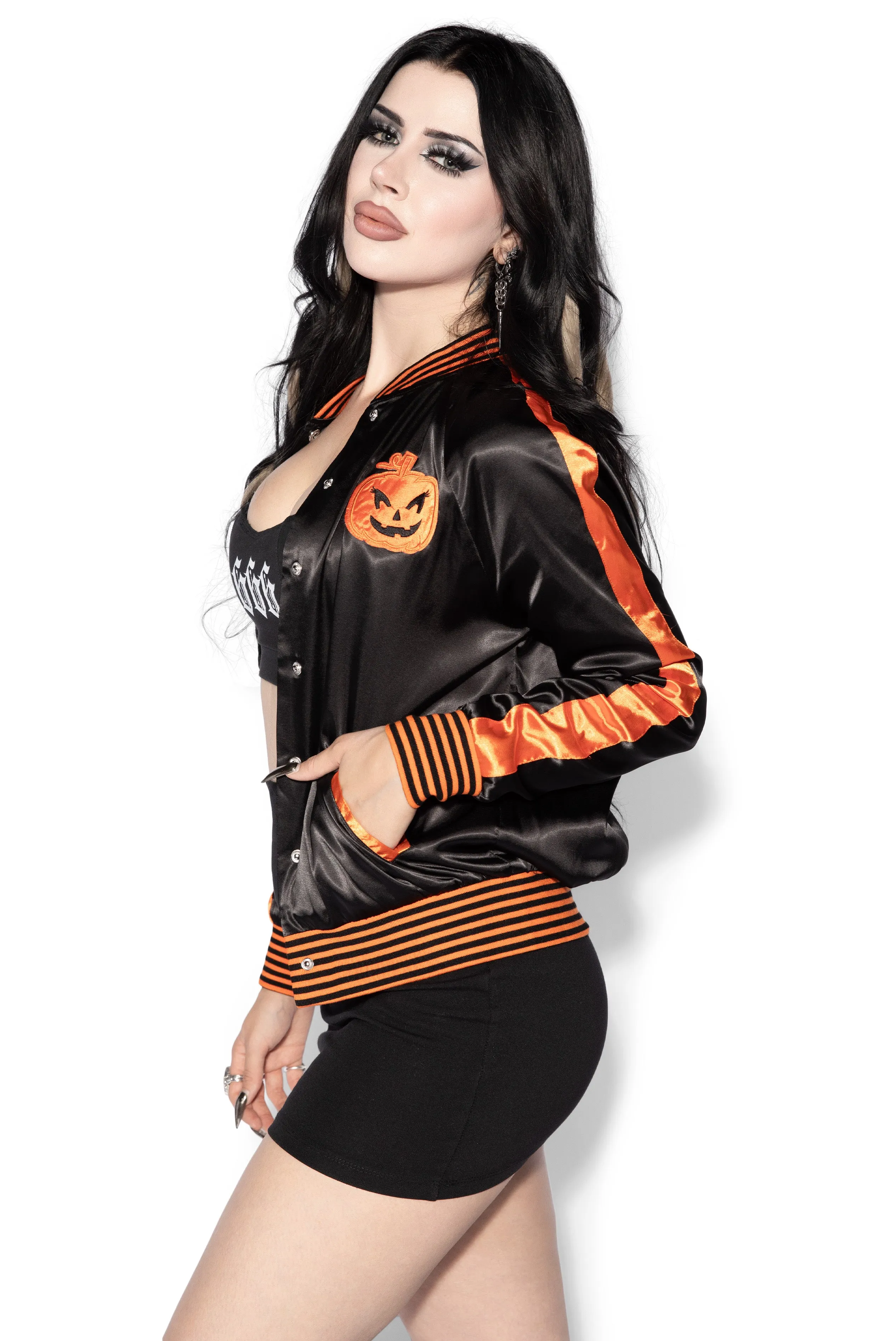 Black & Orange Scream Queen Satin Bomber Jacket