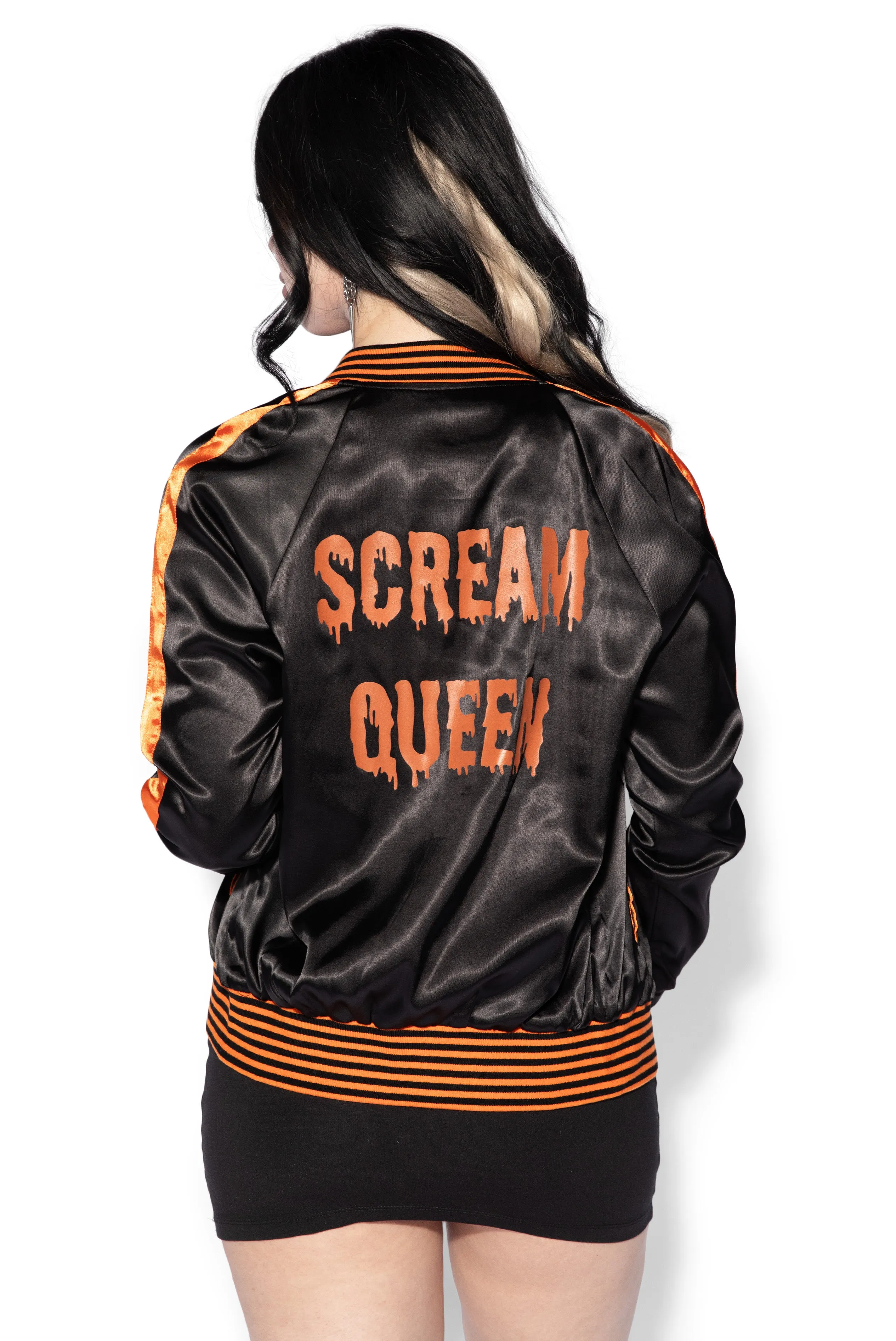 Black & Orange Scream Queen Satin Bomber Jacket