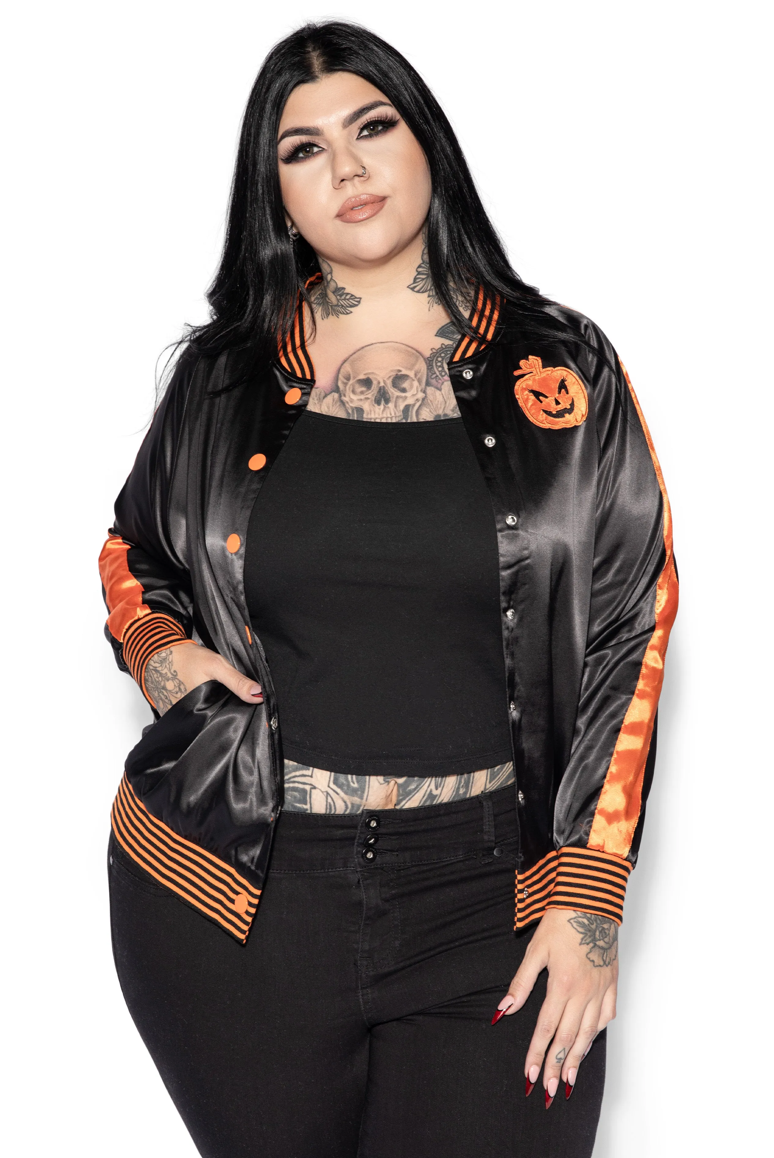 Black & Orange Scream Queen Satin Bomber Jacket