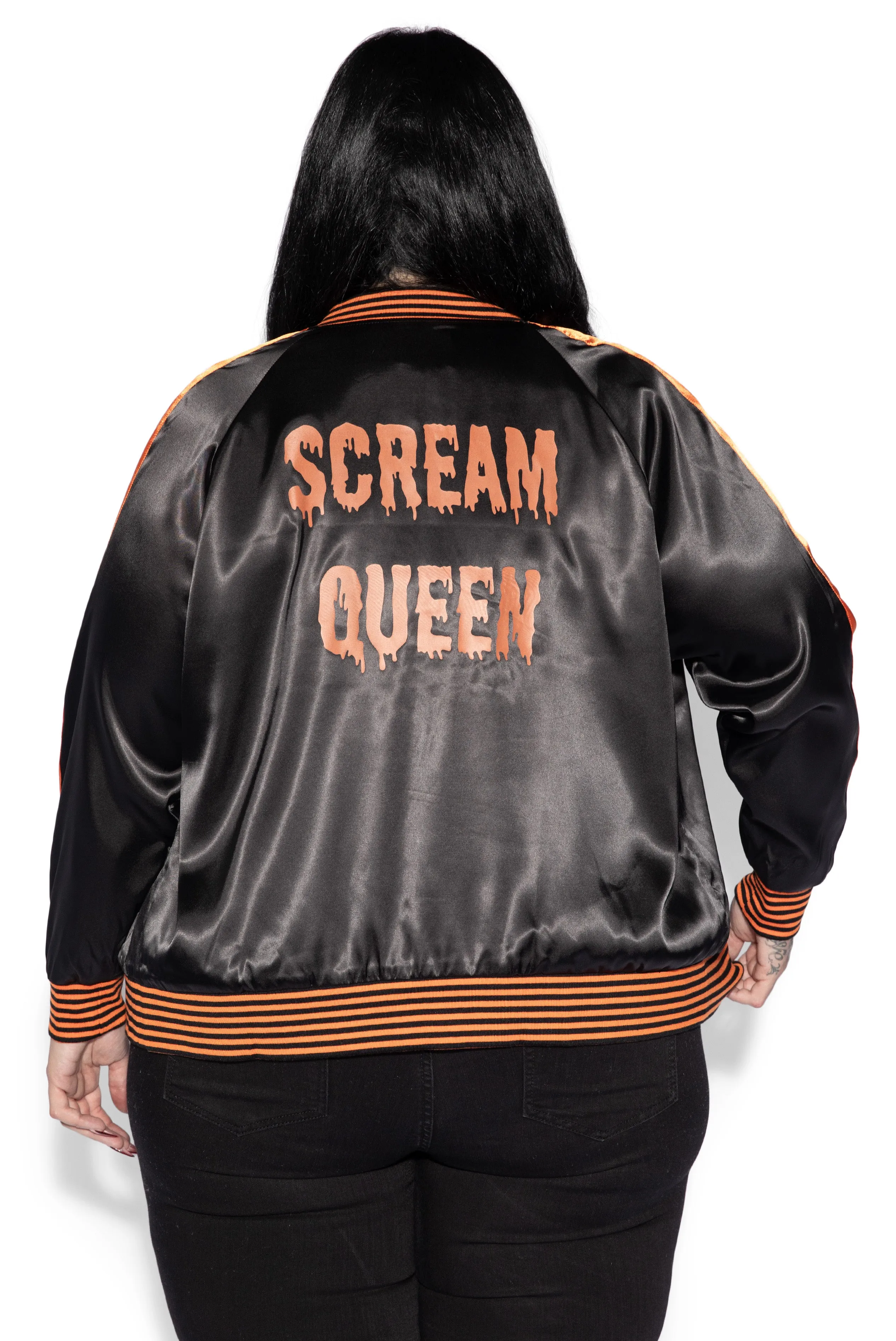 Black & Orange Scream Queen Satin Bomber Jacket