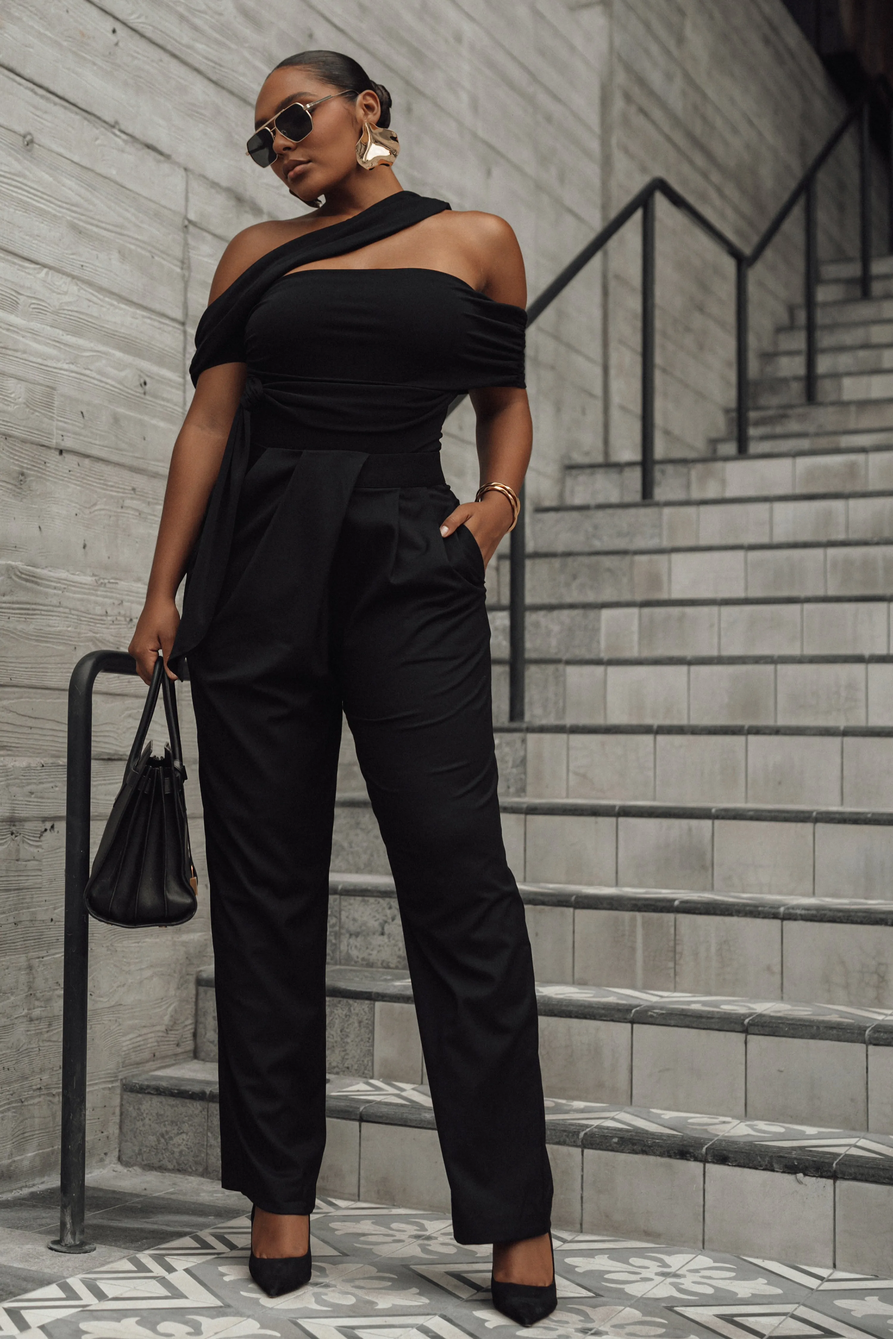 Black Asymmetrical Draped Trousers