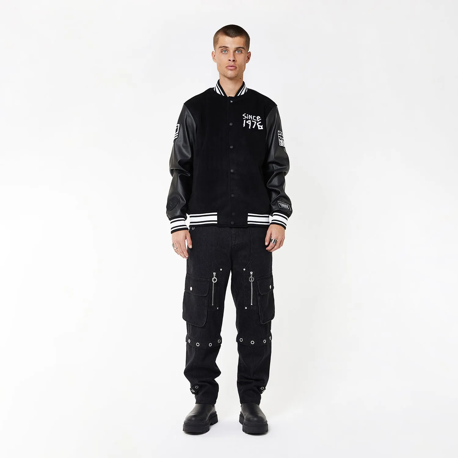 BOY TAPE EAGLE SHORT VARSITY BOMBER JACKET - BLACK