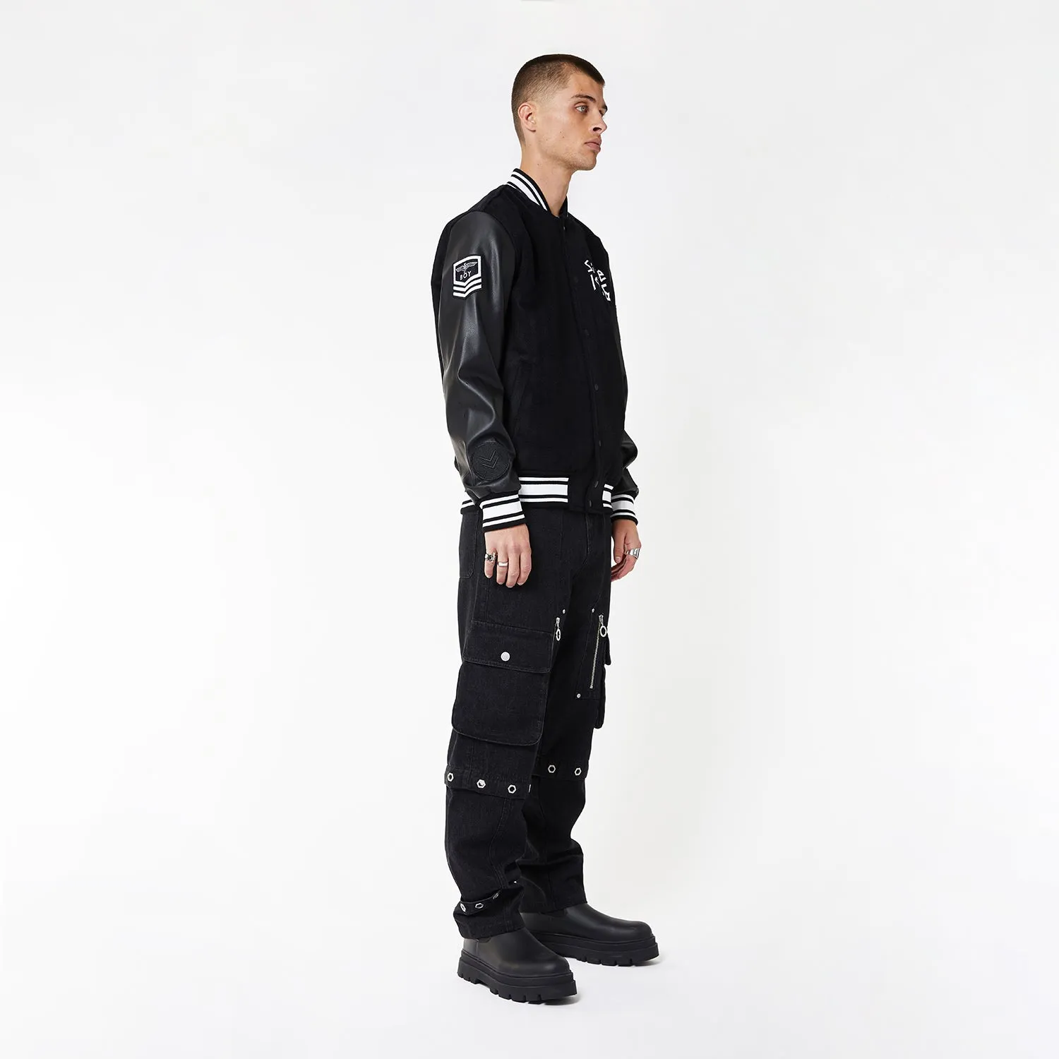 BOY TAPE EAGLE SHORT VARSITY BOMBER JACKET - BLACK