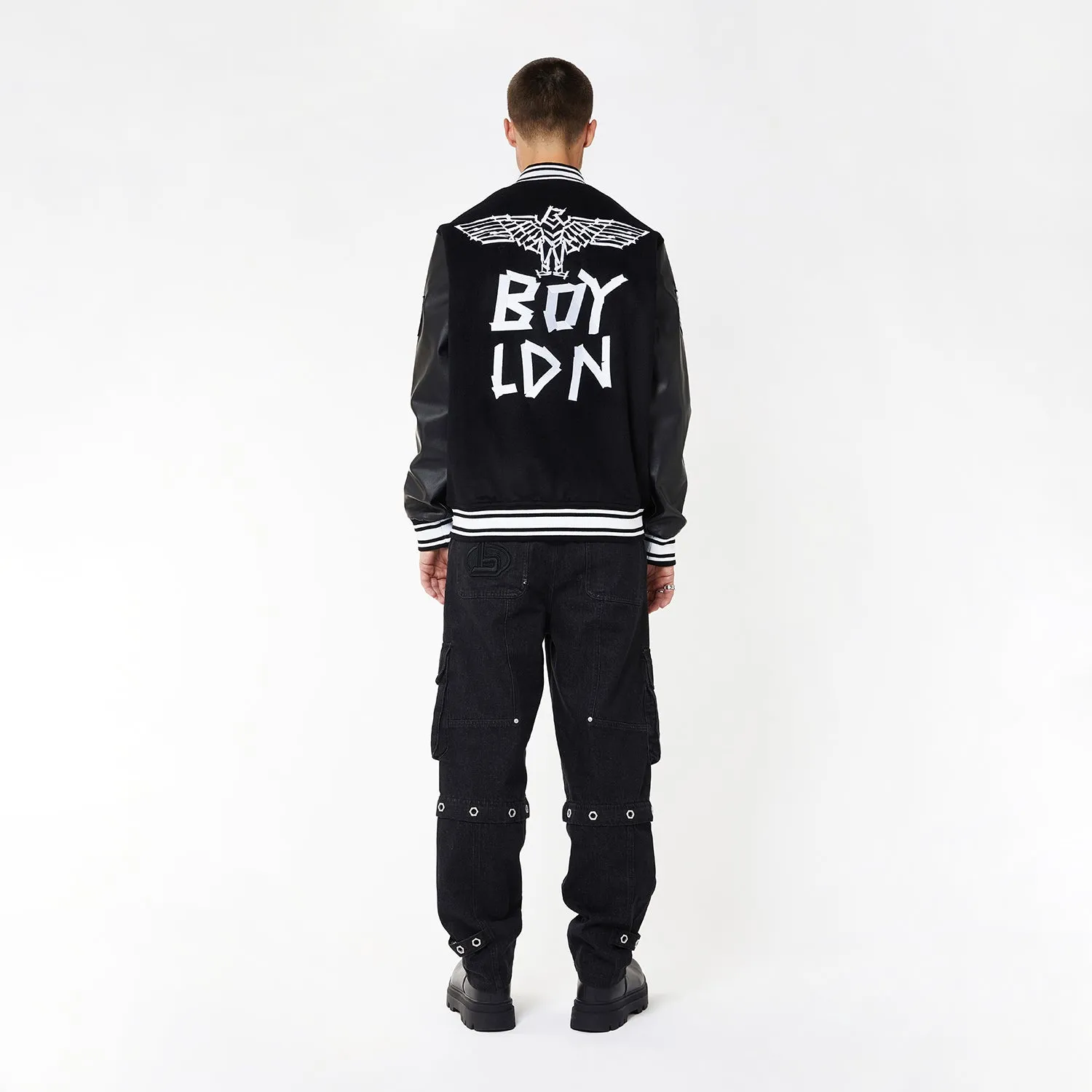 BOY TAPE EAGLE SHORT VARSITY BOMBER JACKET - BLACK