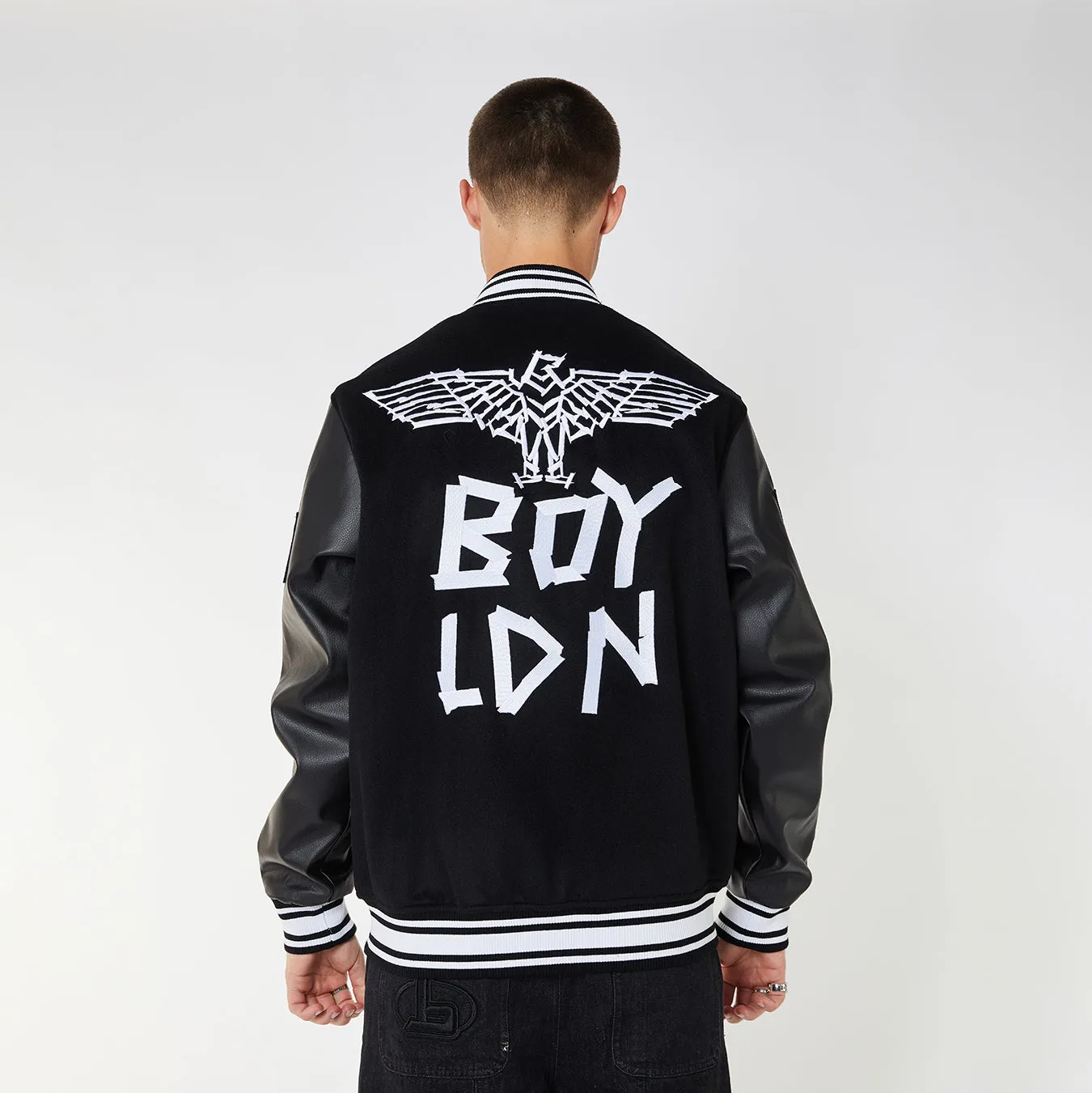 BOY TAPE EAGLE SHORT VARSITY BOMBER JACKET - BLACK