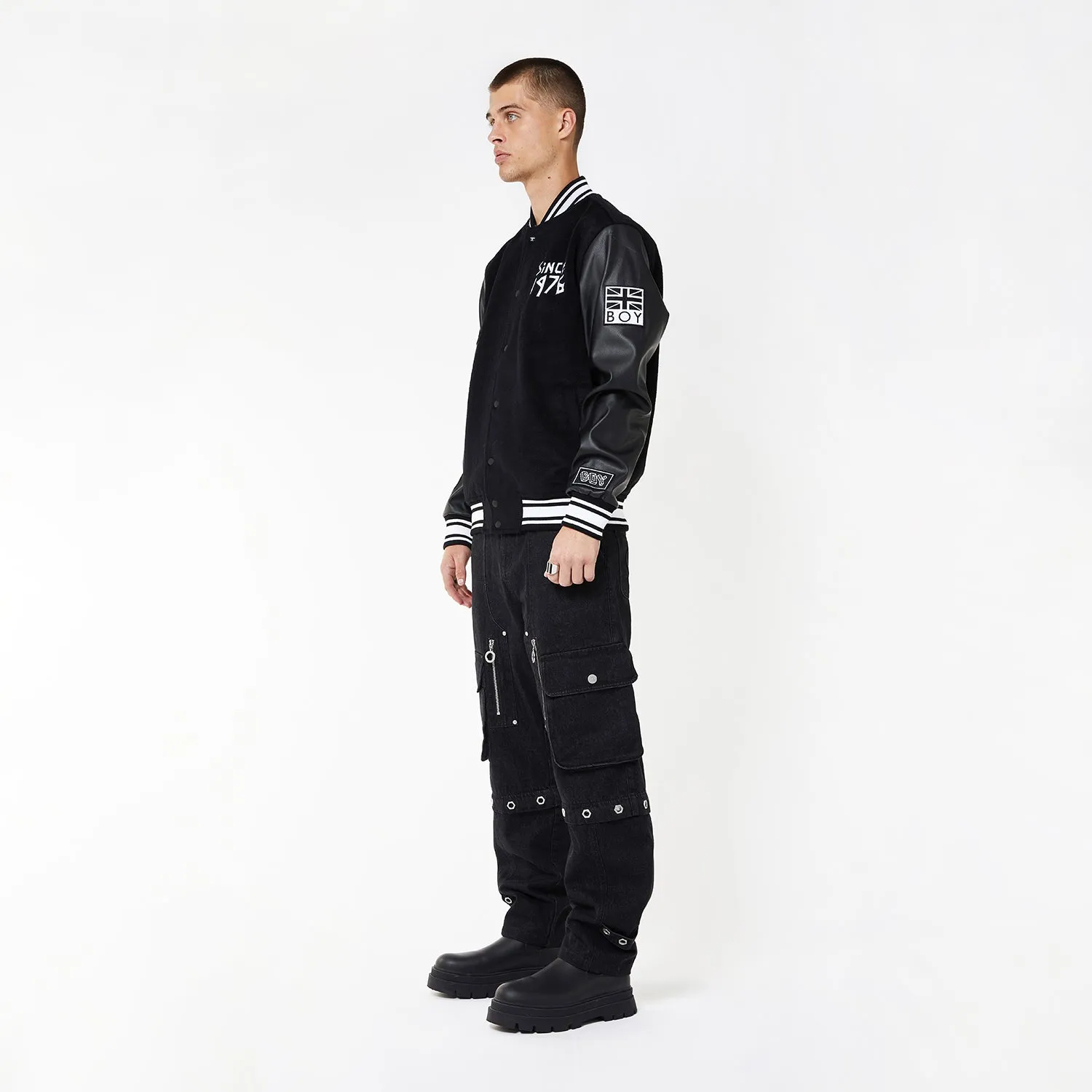 BOY TAPE EAGLE SHORT VARSITY BOMBER JACKET - BLACK