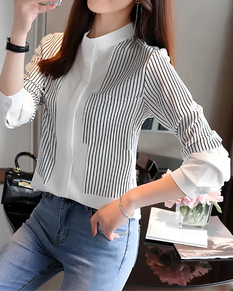 Camisa Feminina Listrada Gola Padre