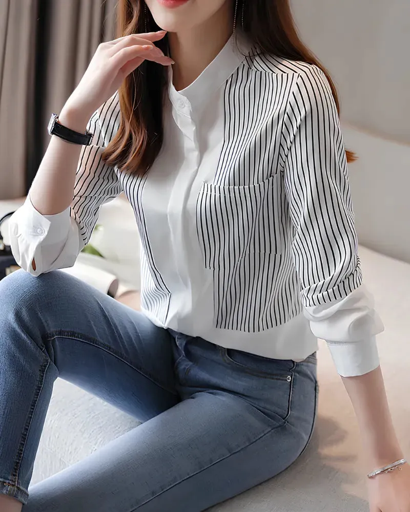 Camisa Feminina Listrada Gola Padre