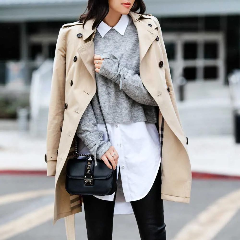 Classic Double Breasted Turtle Neck Women's Beige Trench Coat