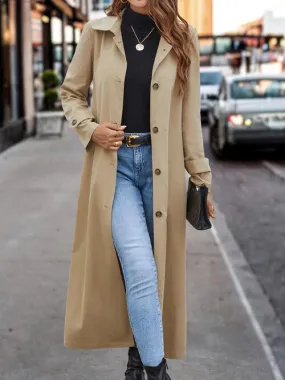 Collared Neck Button Front Long Trench Coat