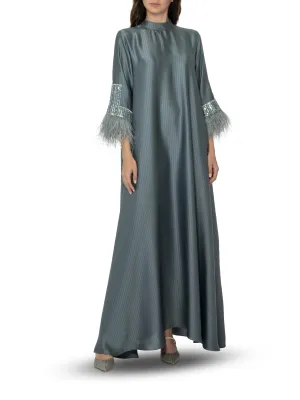 Dark Grey Silk Feather Embroidery Kaftan