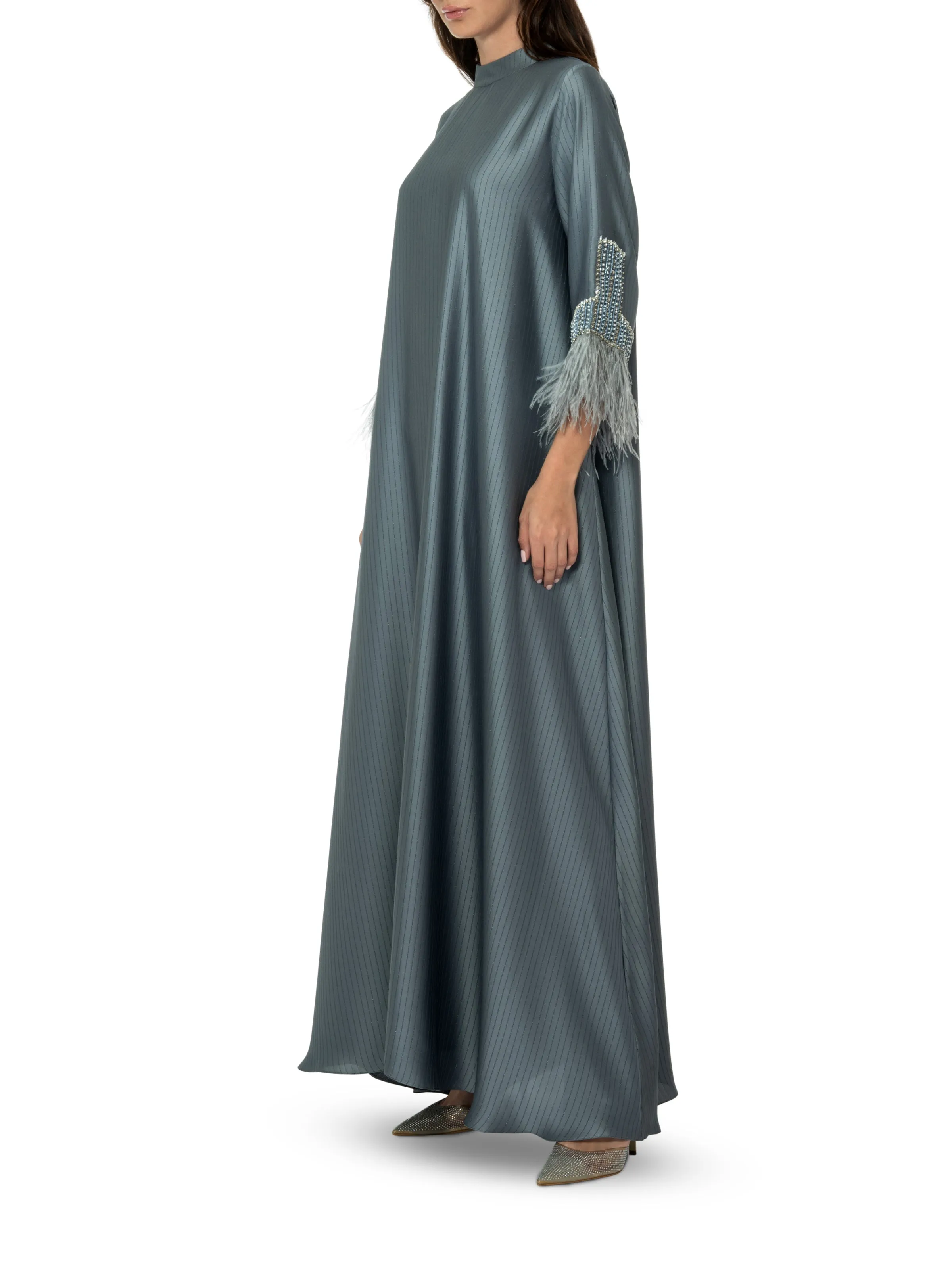 Dark Grey Silk Feather Embroidery Kaftan