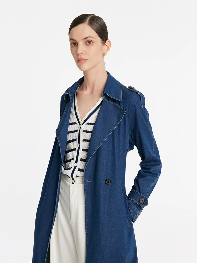 Denim Lapel Women Trench Coat With Belt