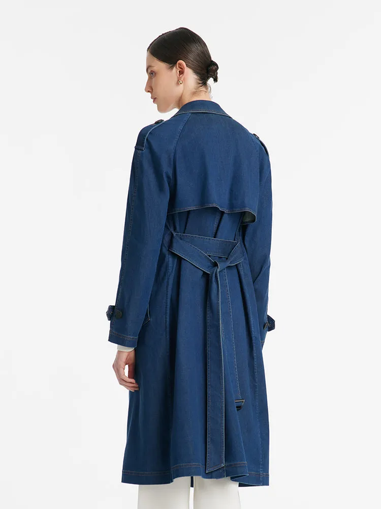 Denim Lapel Women Trench Coat With Belt