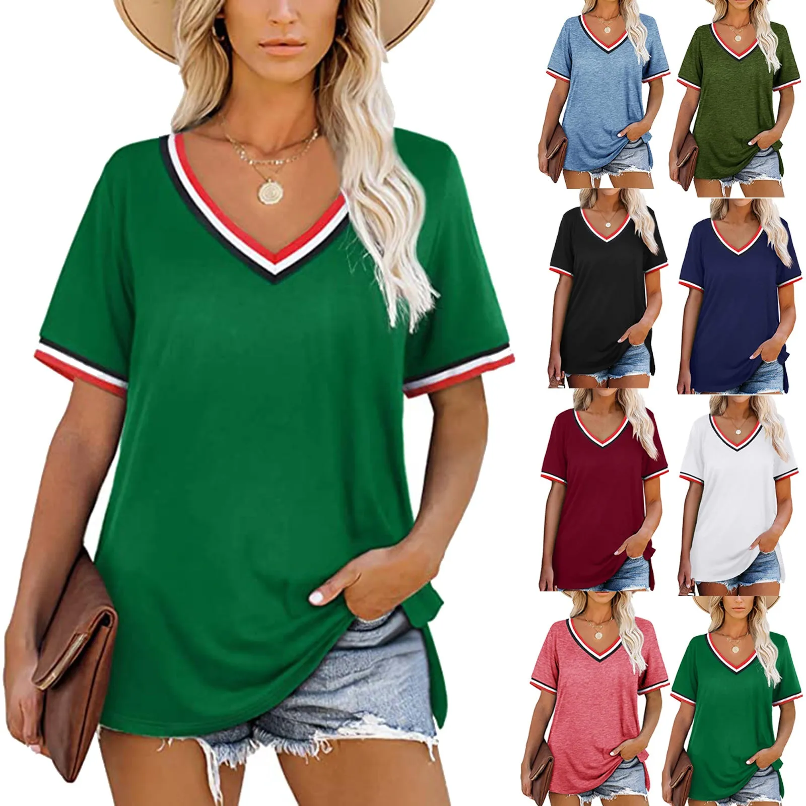 Fashion short sleeve v neck t-shirt（AY1733）