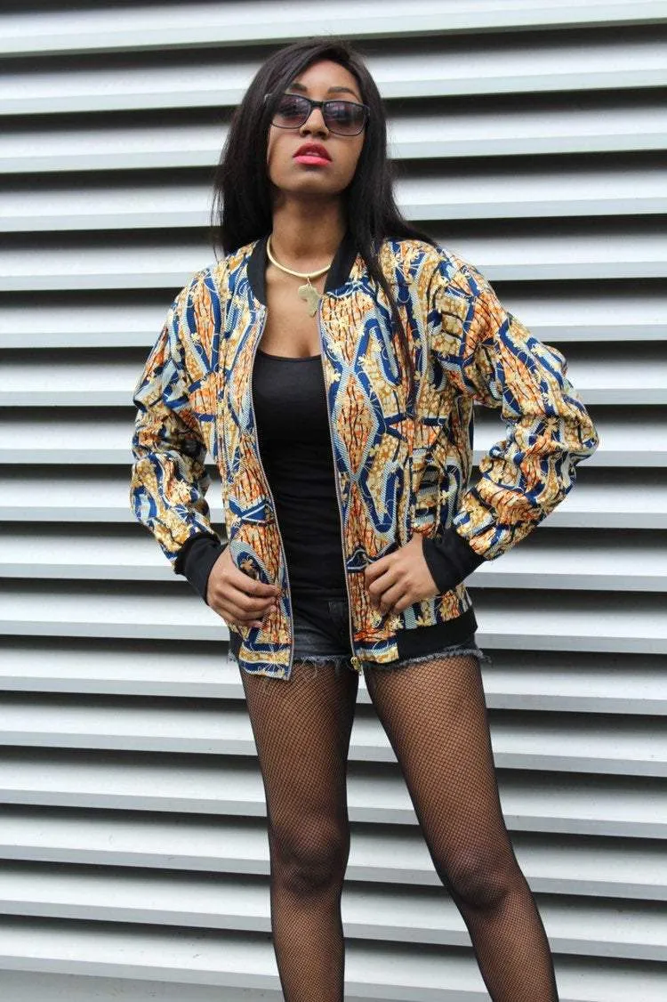 Festival Bomber Jacket in Gold Blue Ankara