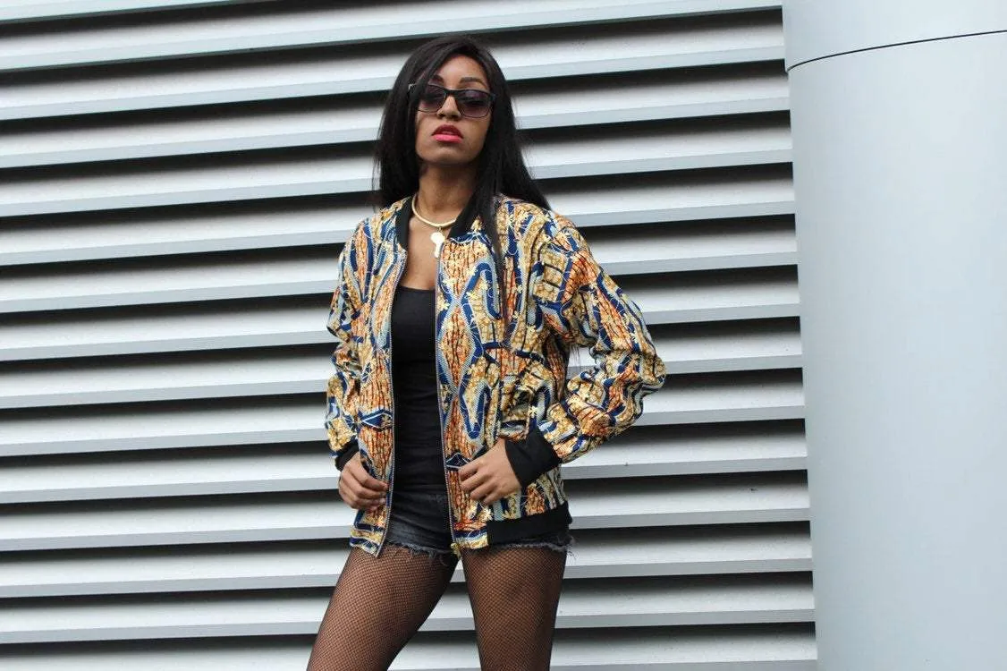 Festival Bomber Jacket in Gold Blue Ankara