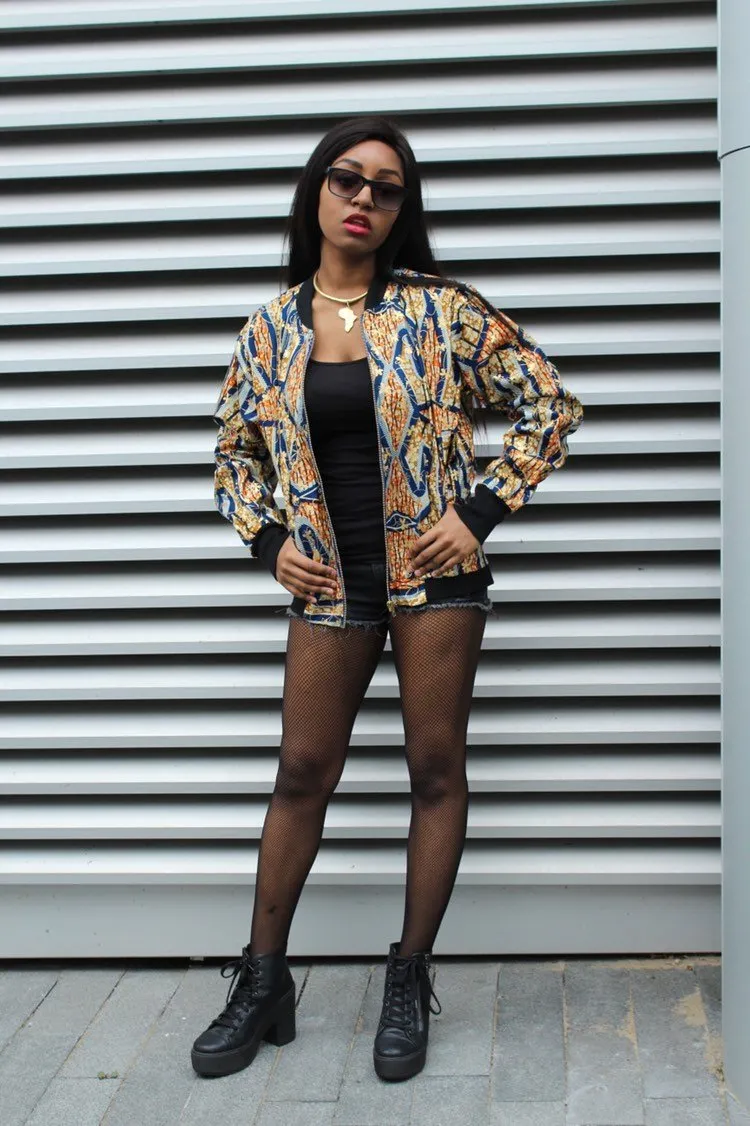 Festival Bomber Jacket in Gold Blue Ankara